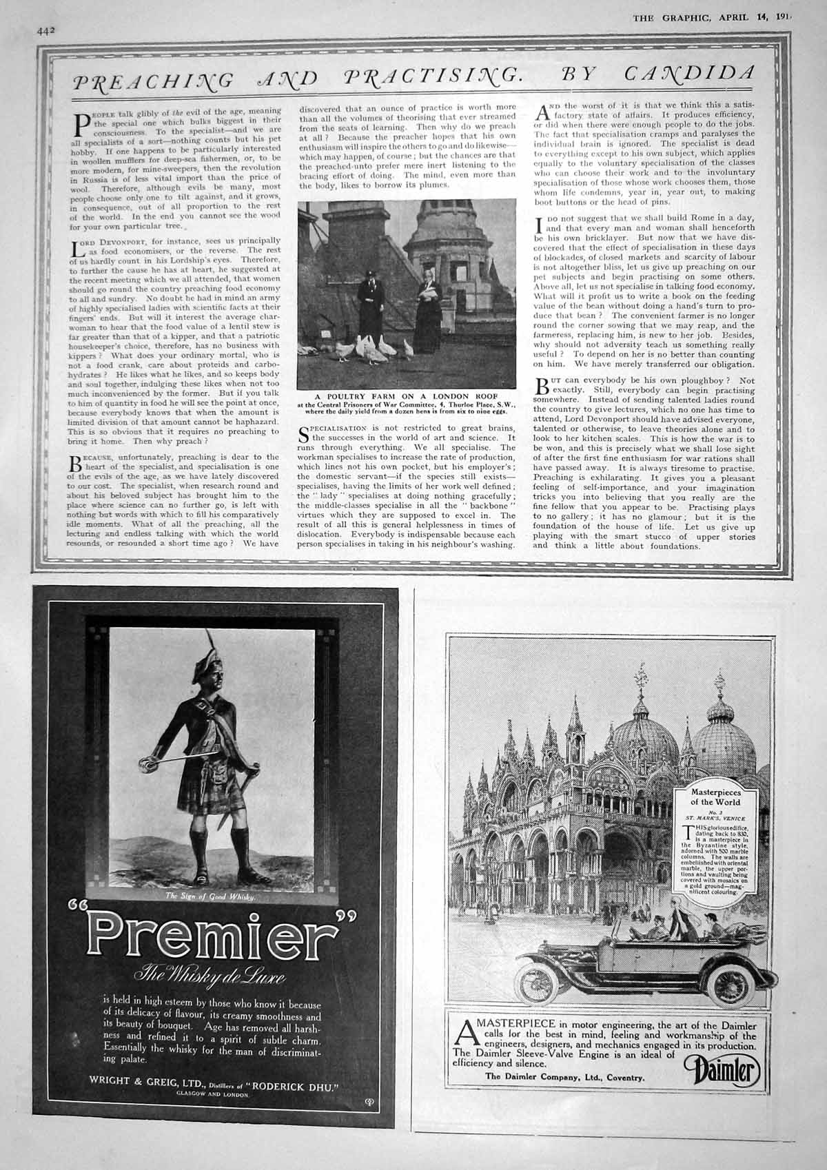 Original Old Vintage Print 1917 Poultry Farm London RoPremier Whisky Daimler