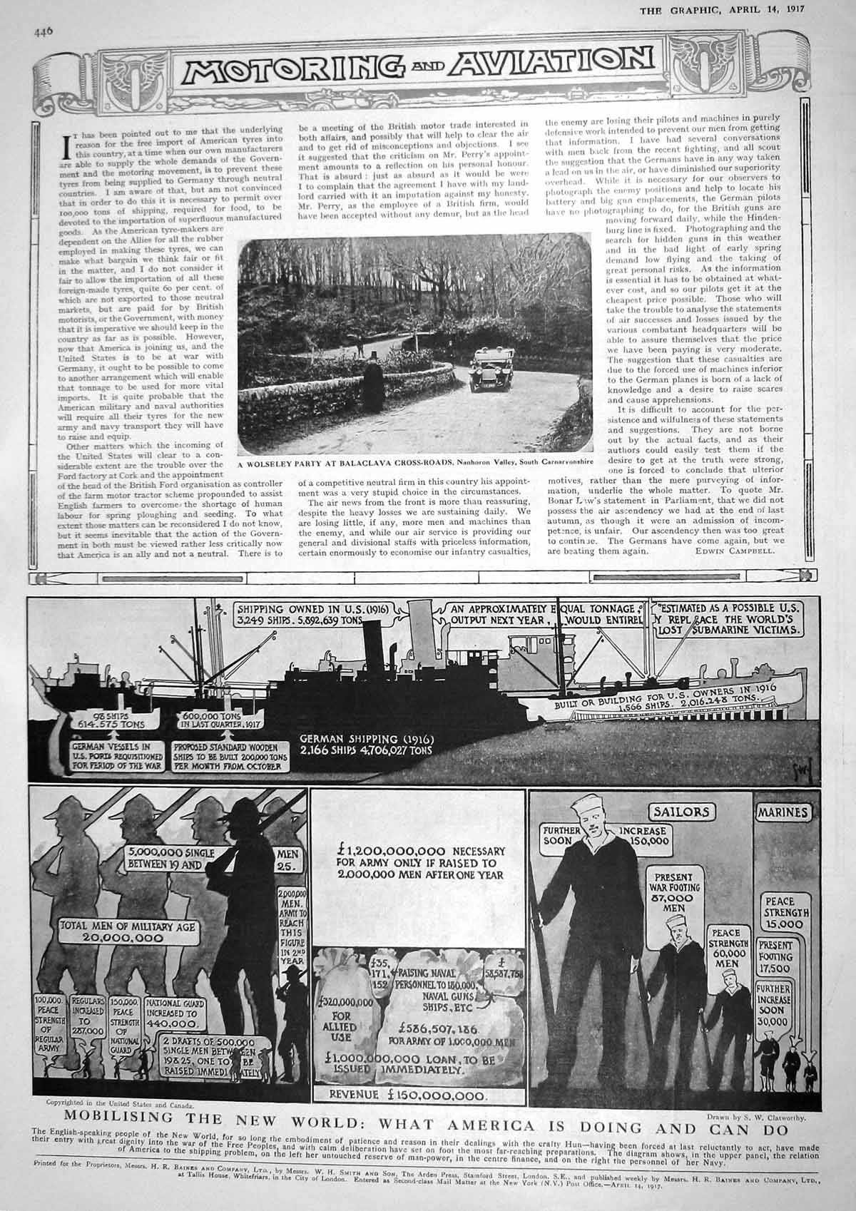 Original Old Vintage Print 1917 Wolseley Motor Cars Balaclava War Siers Sailors