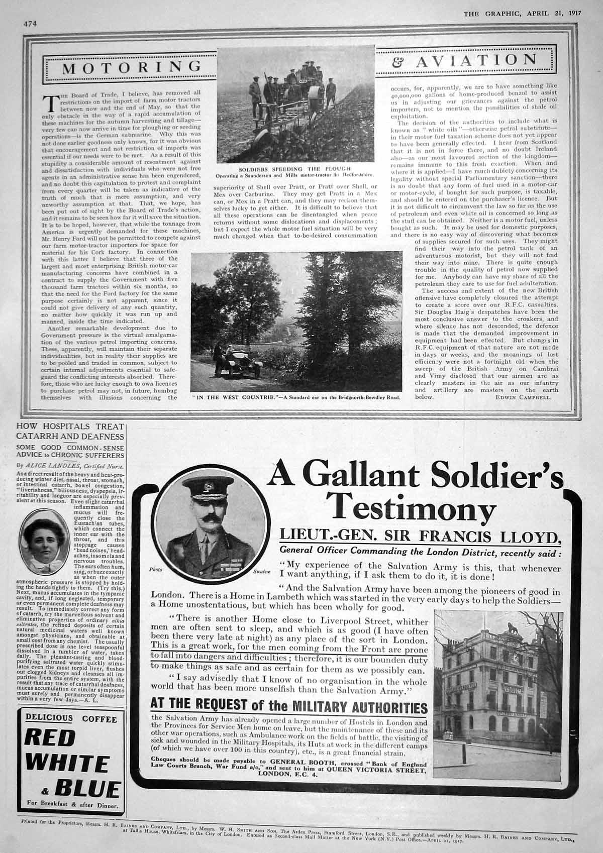 Original Old Vintage Print 1917 Siers Saunderson Mills Motor Tractor Lloyd War