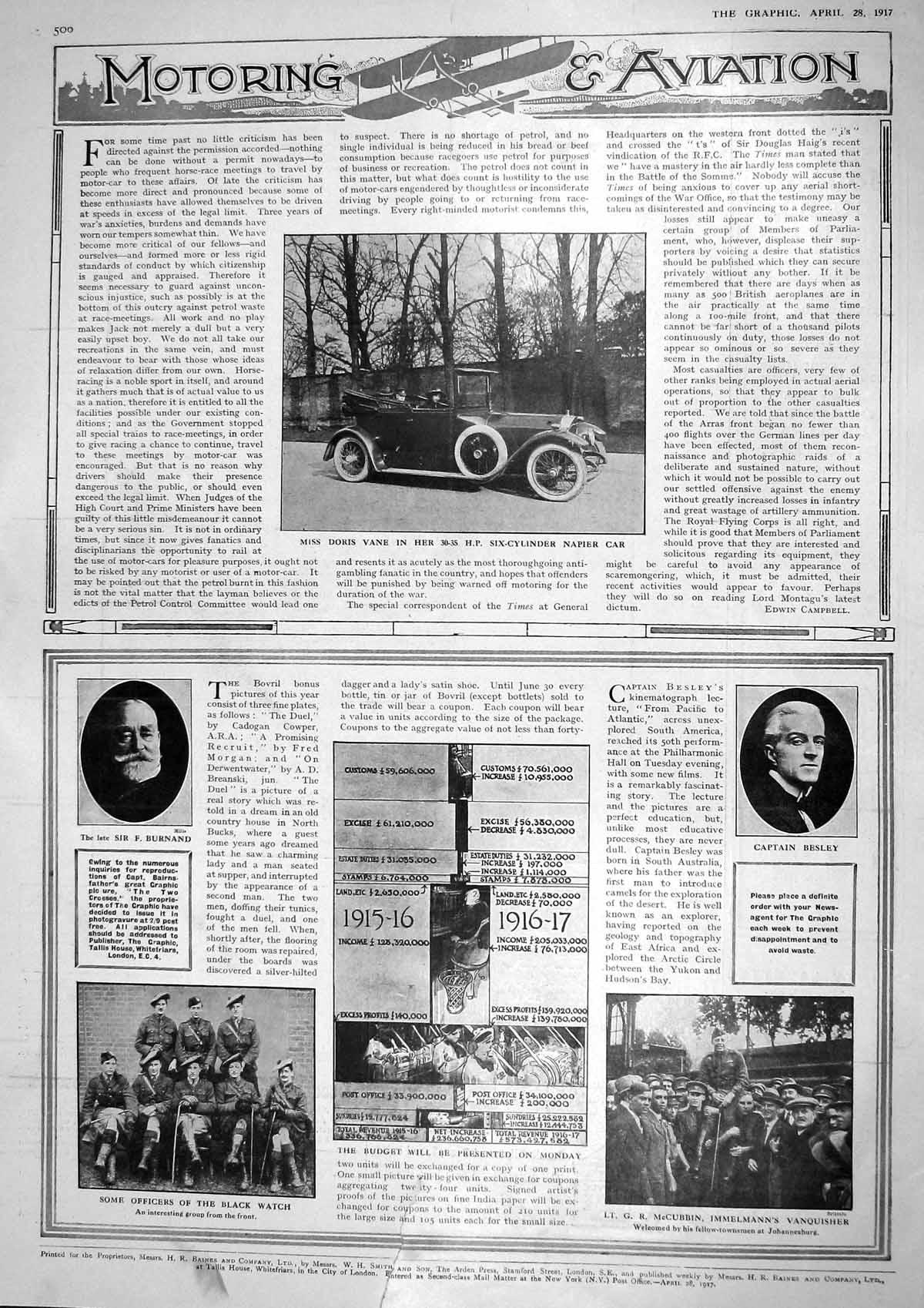 Old Vintage Print 1917 Doris Vane Napier Car Burnand Besley Mccubbin War 20th