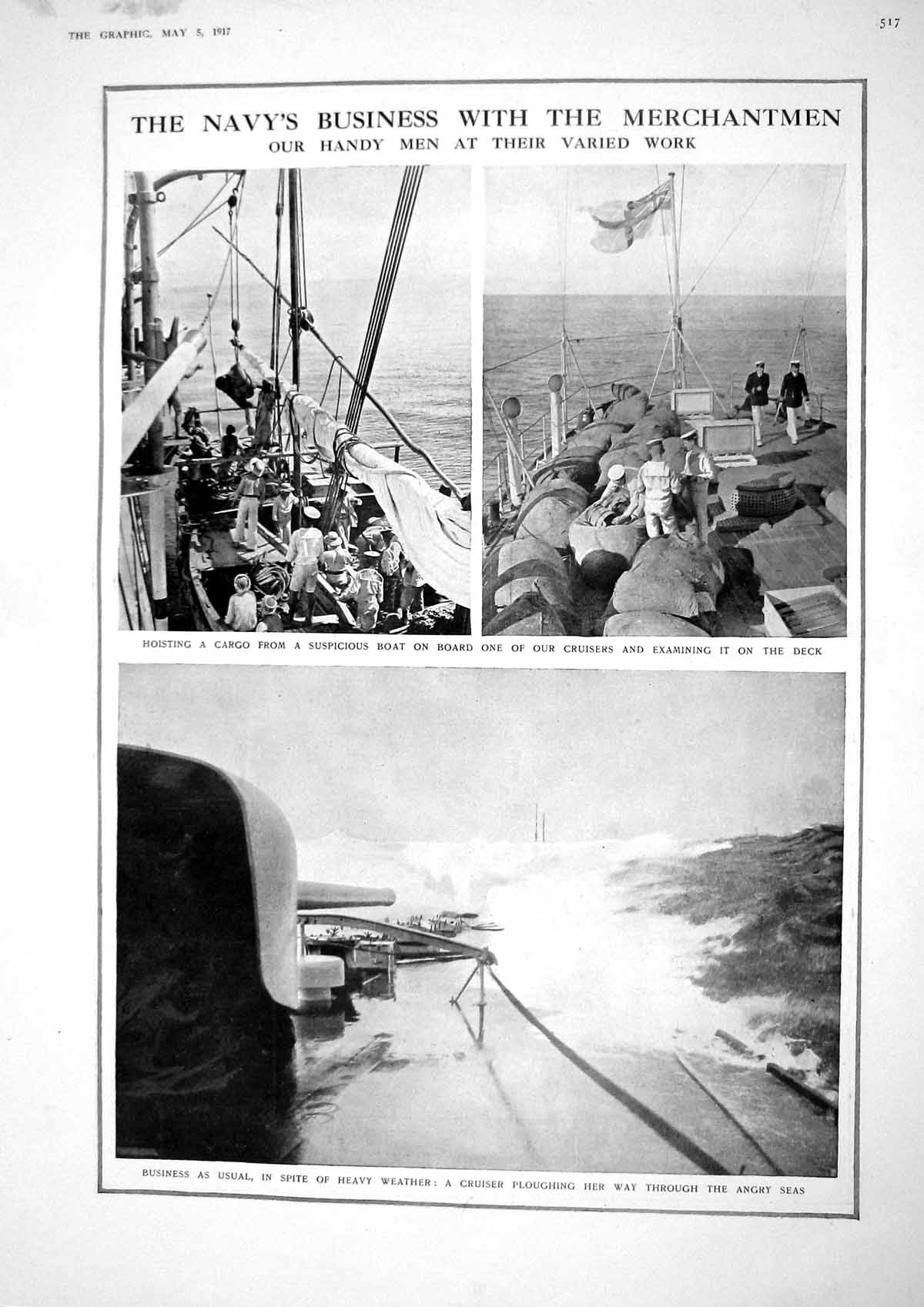 Old Vintage Print 1917 Cruiser Ship Cargo Merchantmen Navy Mine-Sweepers 20th