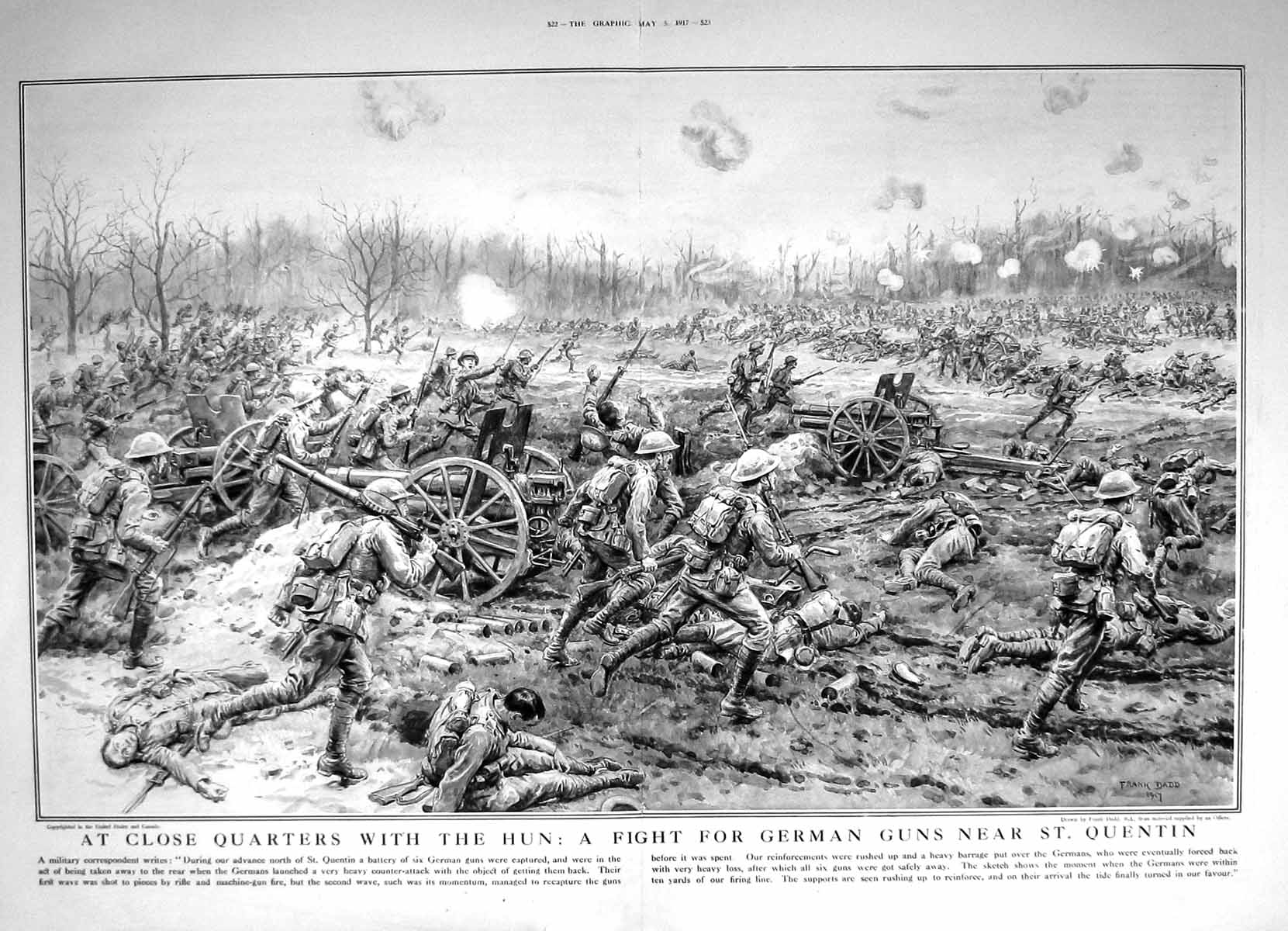 Antique Old Print 1917 War Scene German Siers Hun Guns St. Quentin Weapons Fra