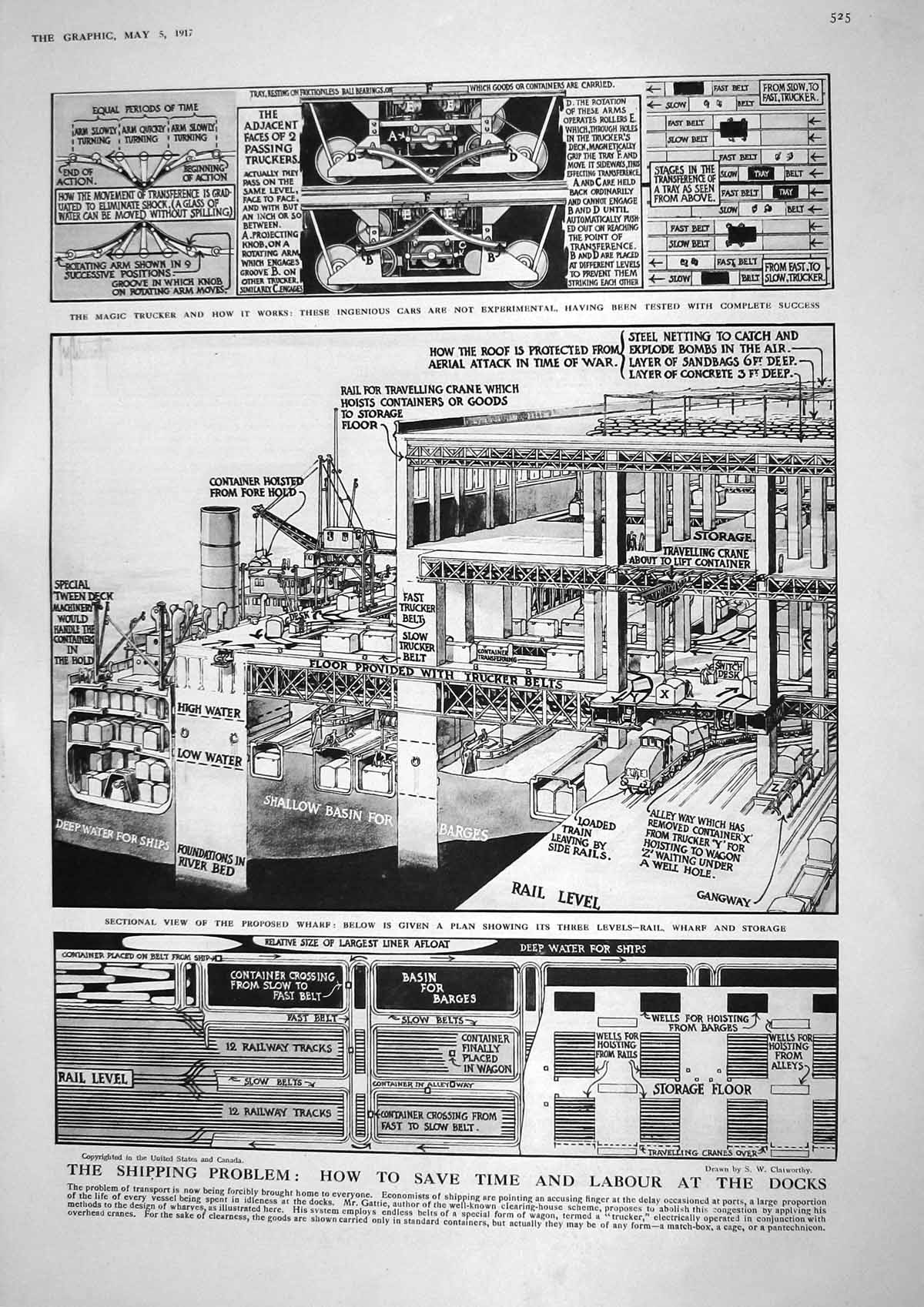 Original Old Vintage Print 1917 Magic Trucker Wharf Ship Docks William Chaplin