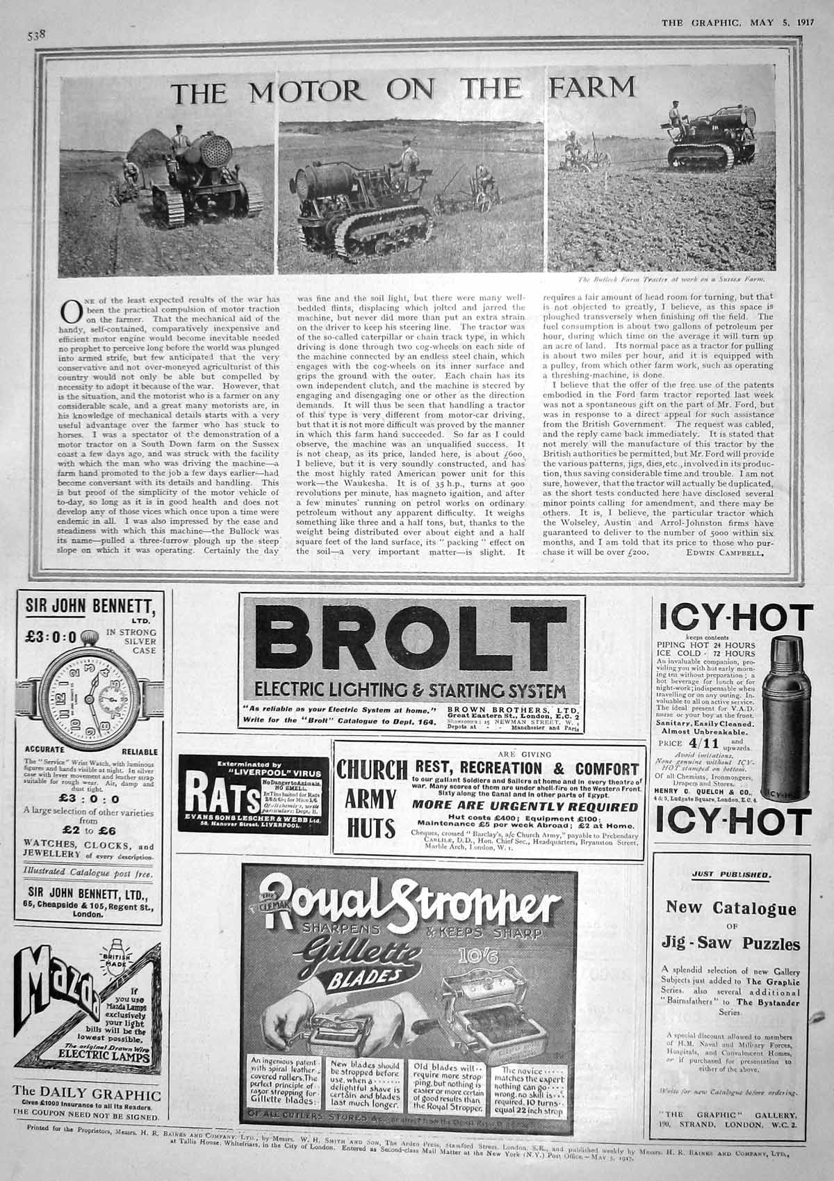 Old Vintage Print 1917 Bullock Farm Tractor Sussex Gillette Razor Mazda 20th