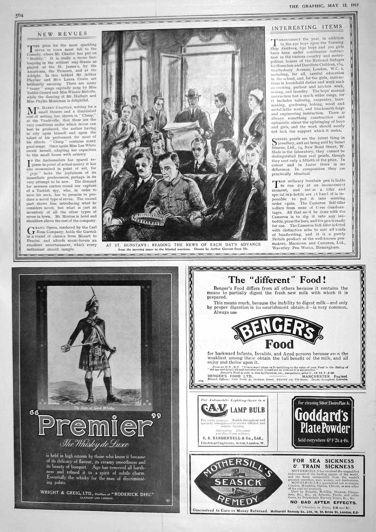 Old 1917 St. Dunstan'S Reading Newspapers Premier Whisky Vinolia Crea 20th
