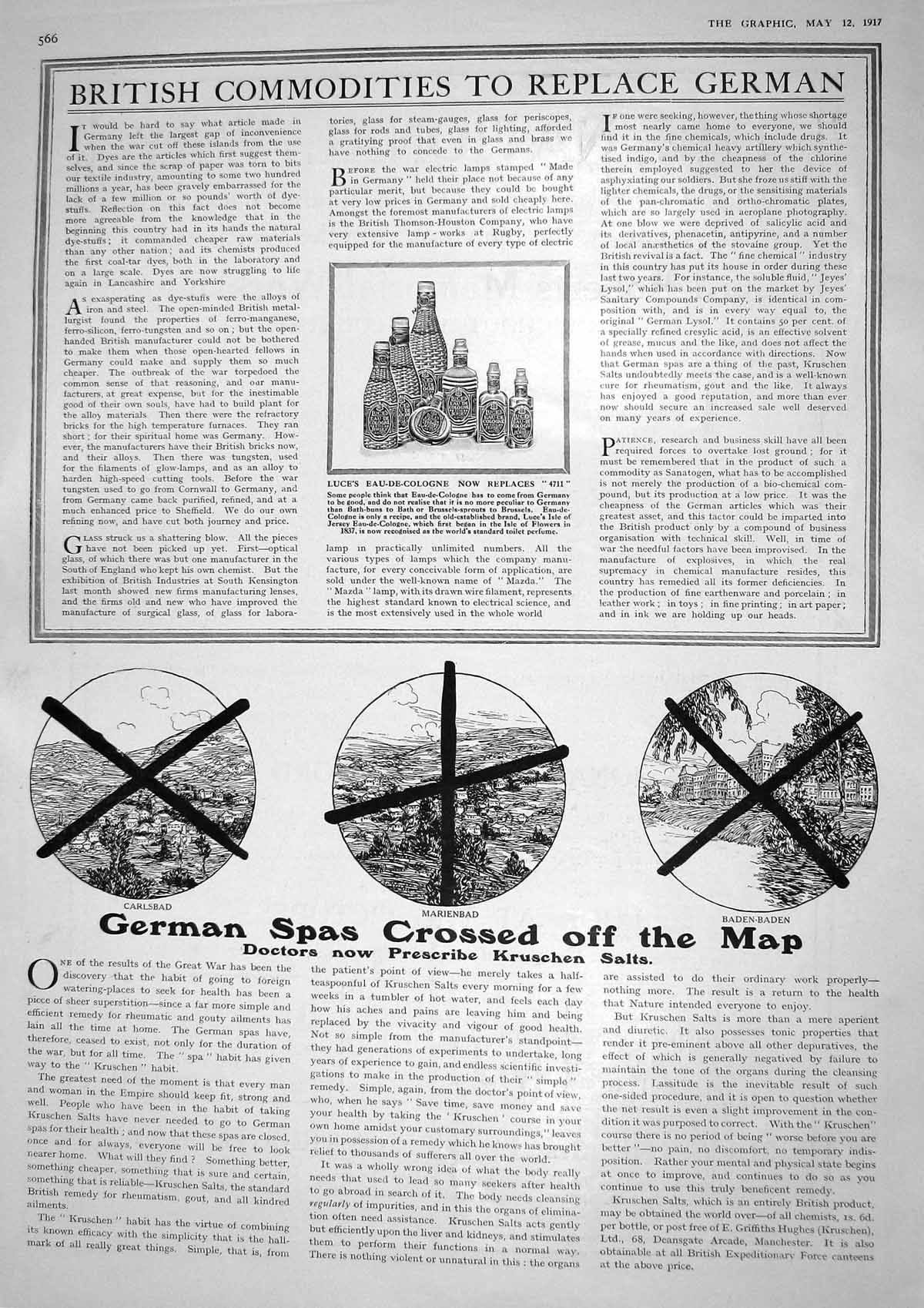 Original Old Vintage Print 1917 Luce Eau-De-Cologne German Spa Carlsbad Ma 20th