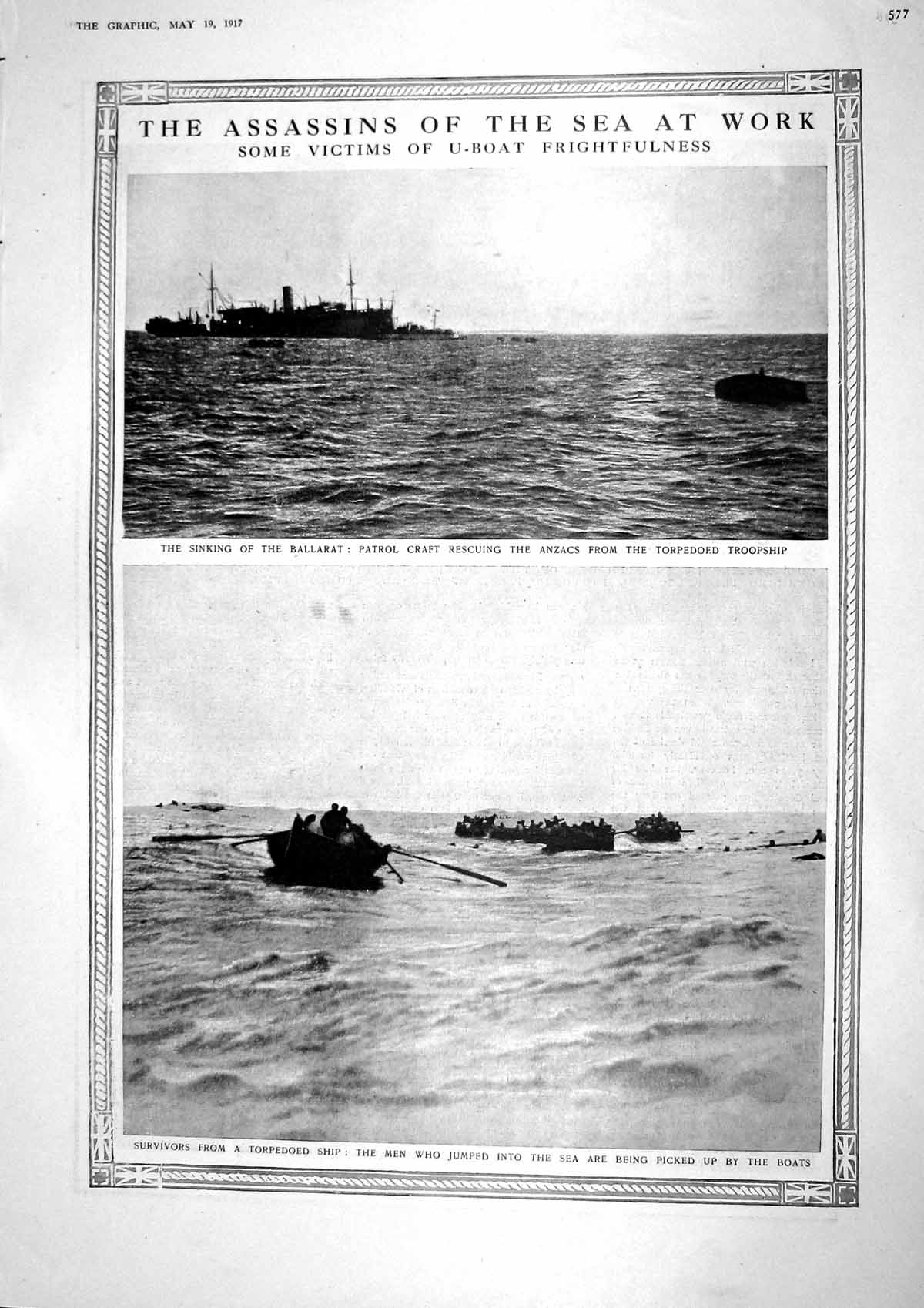 Original Old Vintage Print 1917 Ballarat Patrol Ship Anzacs Aircraft Aldeurgh
