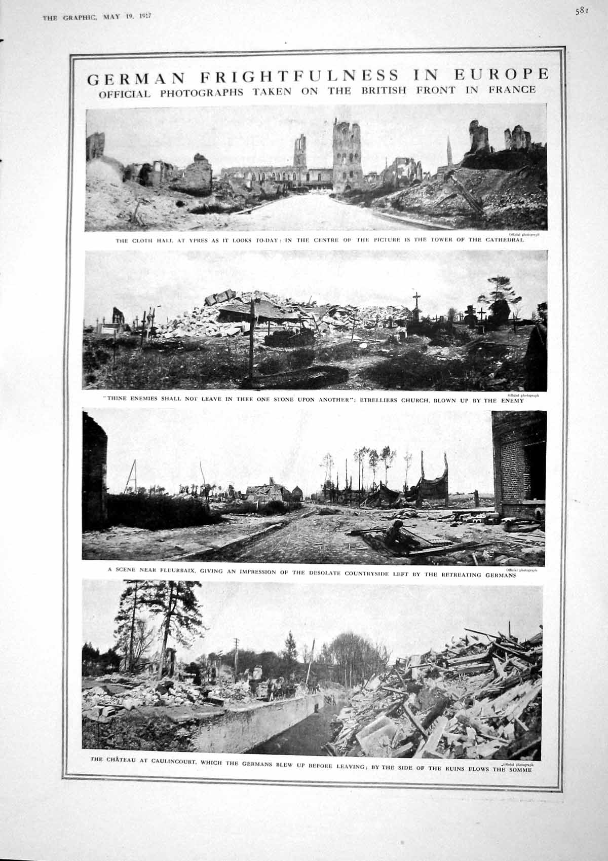 Original Old Vintage Print 1917 Cloth Hall Ypres France War Somme Chines 20th