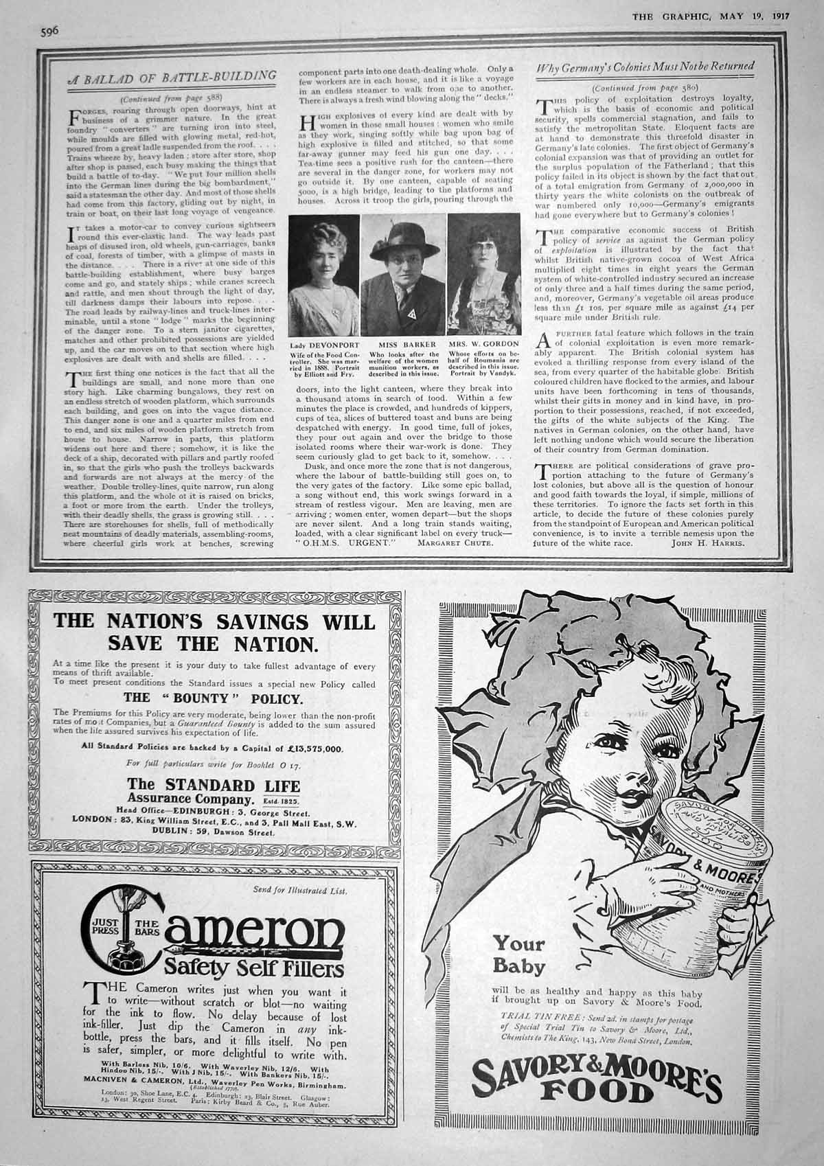 Original Old Vintage Print 1917 Lady Devonport Barker Gordon Baby Food Moores