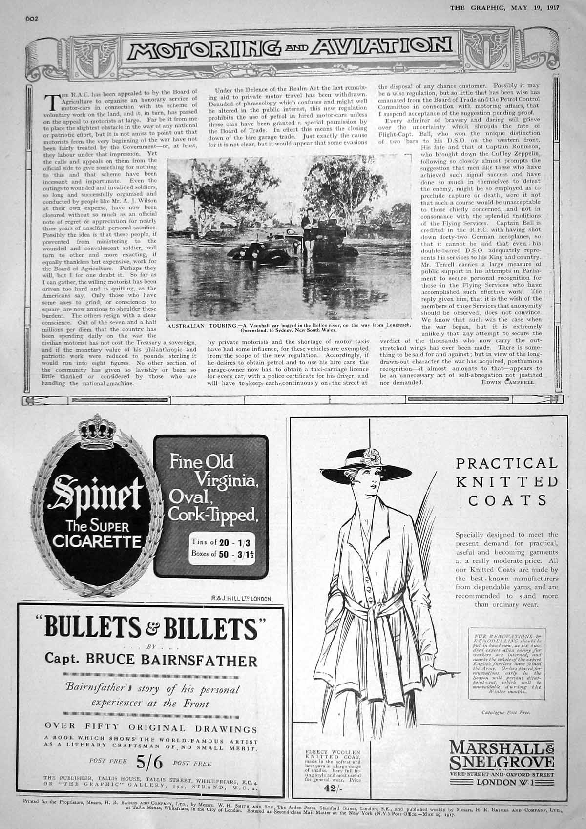 Old Vintage Print 1917 Vauxhall Motor Car Balloo River Australia Marshall 20th