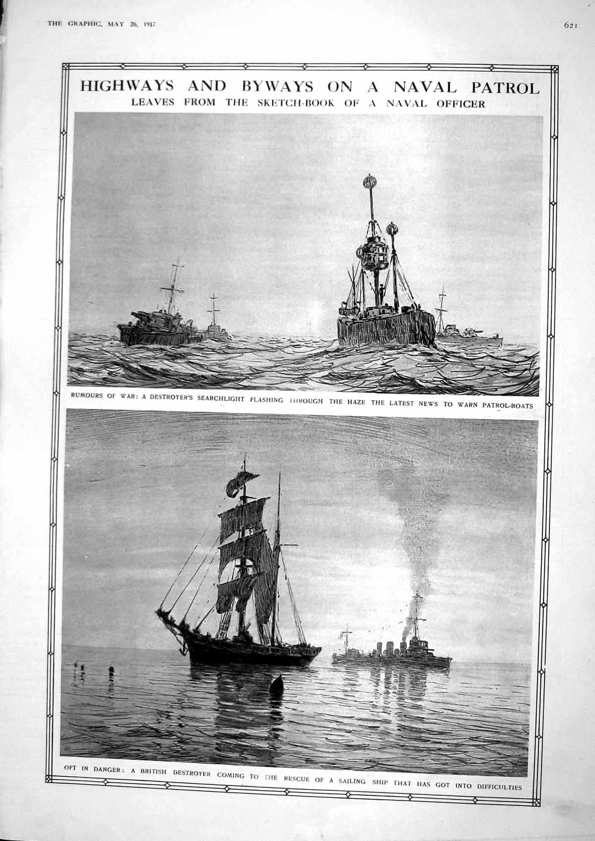 Old Vintage Print 1917 War Ships British Destroyer Patrol-Boats Asphalt 20th