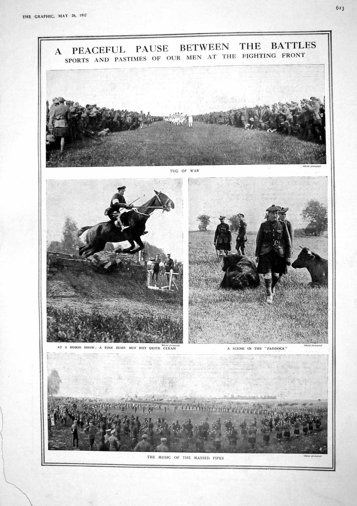 Original Old Vintage Print 1917 War Sport Tug Horses Pipe Music Siers Statue