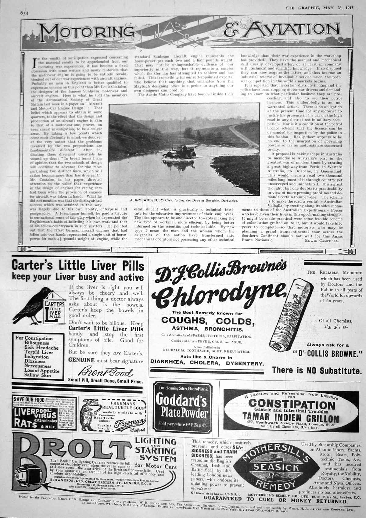Original Old Vintage Print 1917 Wolseley Motor Car Fording Carters Chlorodyne
