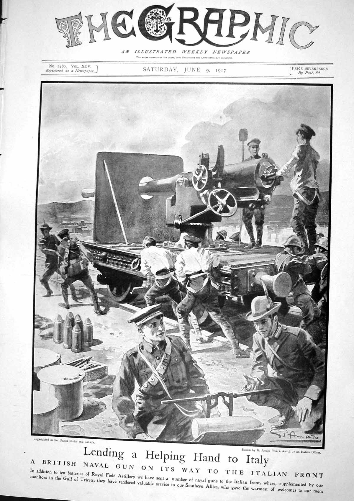 Original Old Vintage Print 1917 British War Gun Siers Italy Kaiser Montaubau