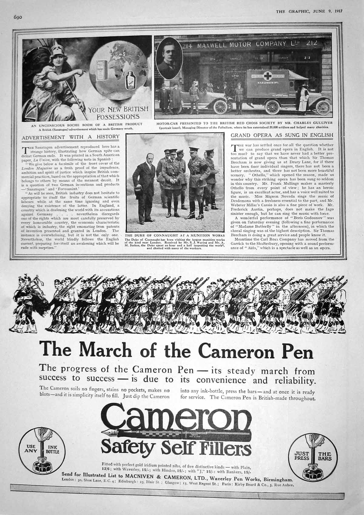 Original Old Vintage Print 1917 British Sanatogen Motor Car Red Cross Connaught