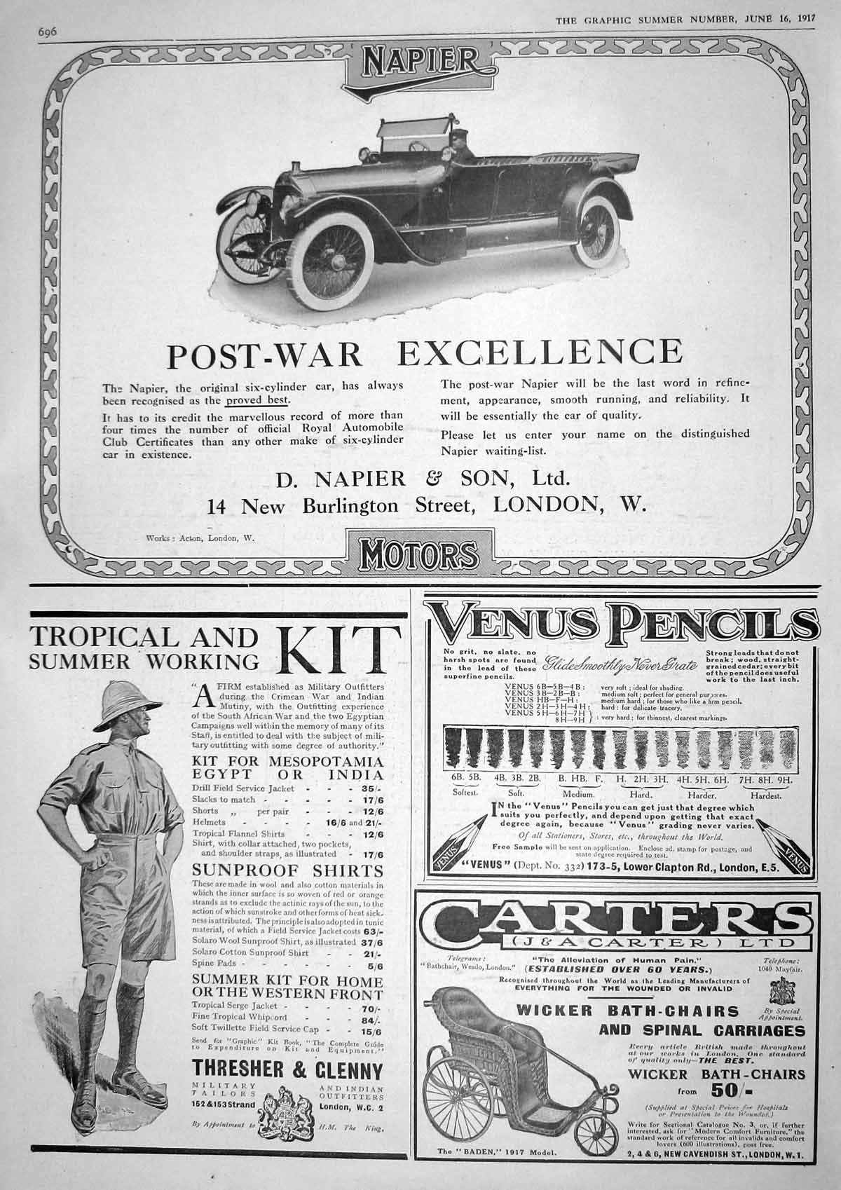 Old Vintage Print 1917 Napier Motor Car War Summer Kit Carters Bath Chair 20th