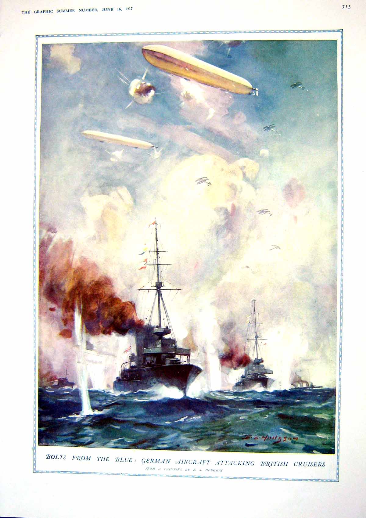 Old Vintage Print 1917 German Aircraft British War Ships Highlanders Army 20th
