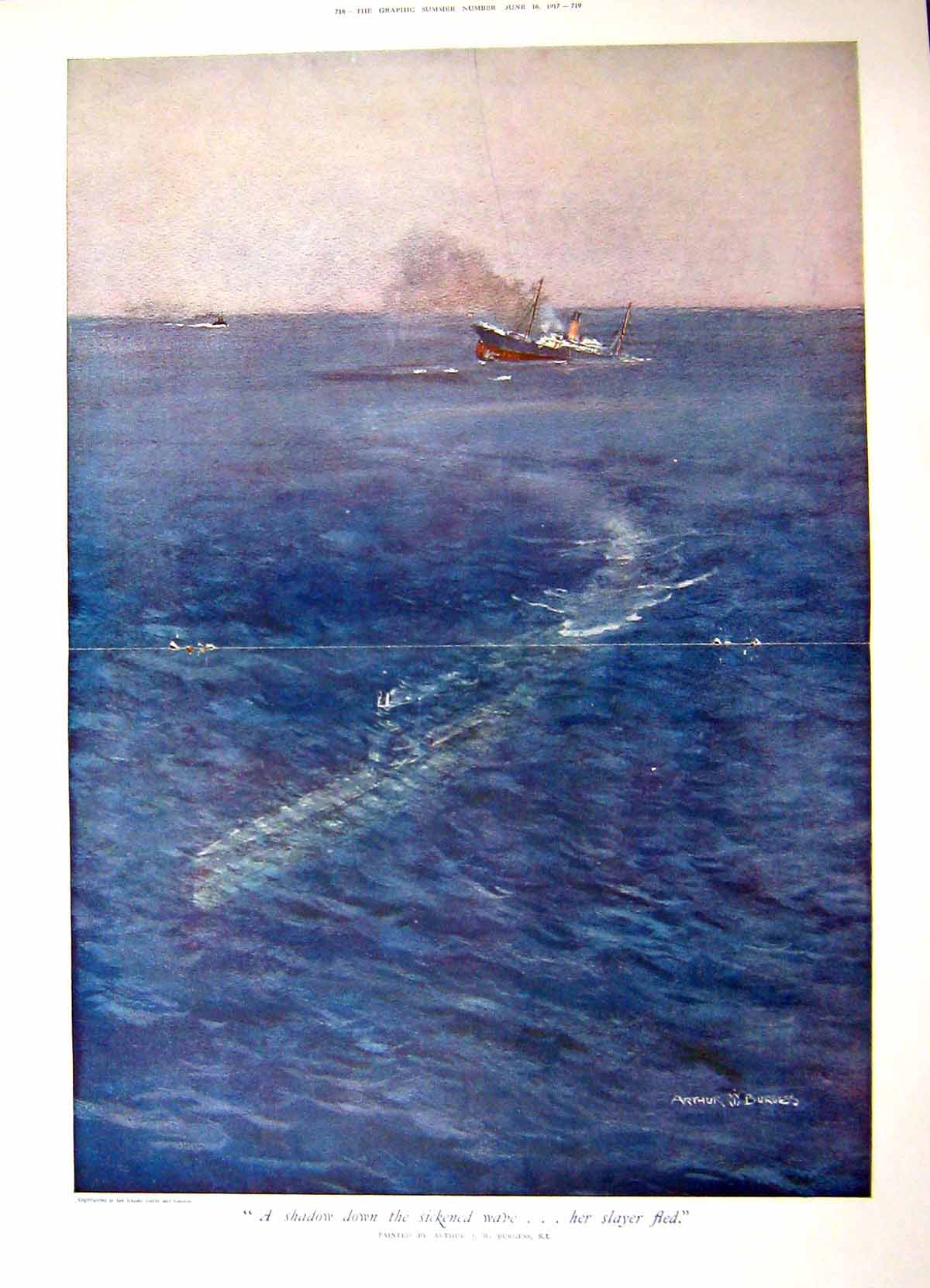 Original Old Vintage Print 1917 Colour Sinking Ship Submarine Arthur Burgess