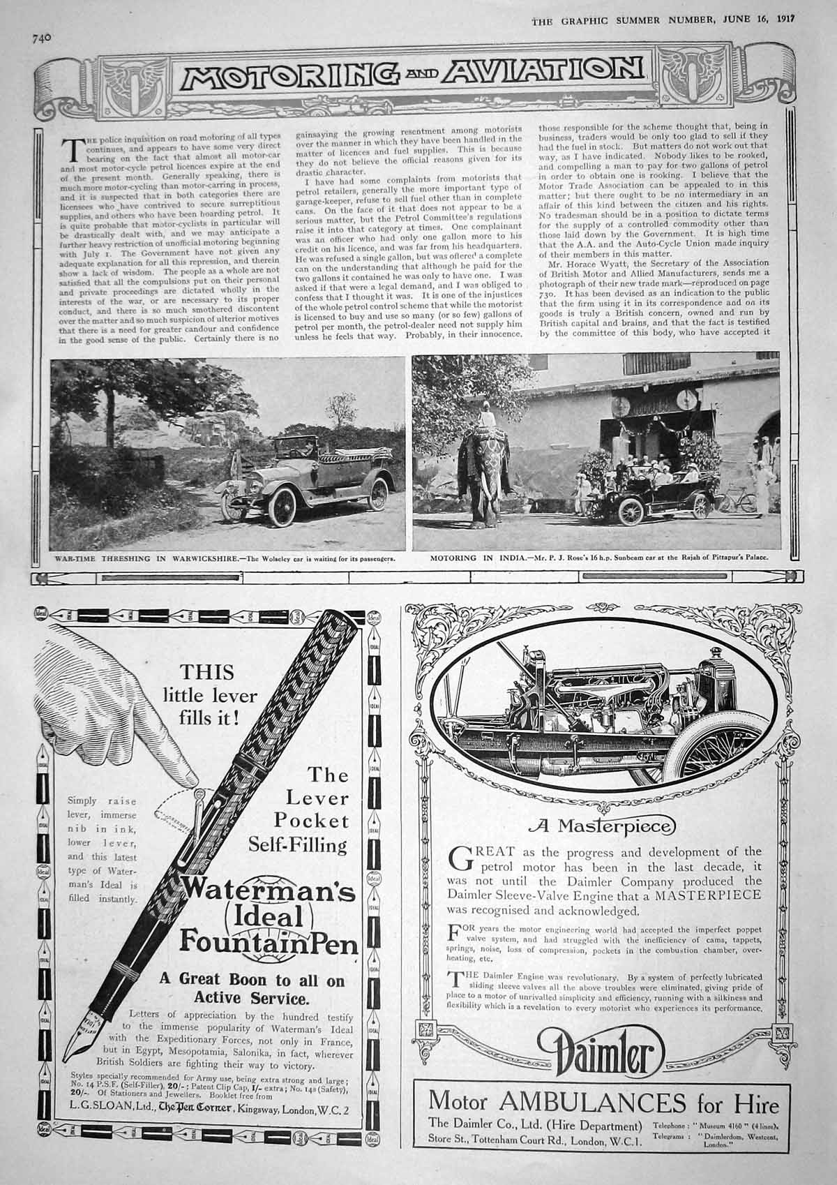 Old Vintage Print 1917 War Wolseley Motor Car Rose Sunbeam Pittapur Pen 20th