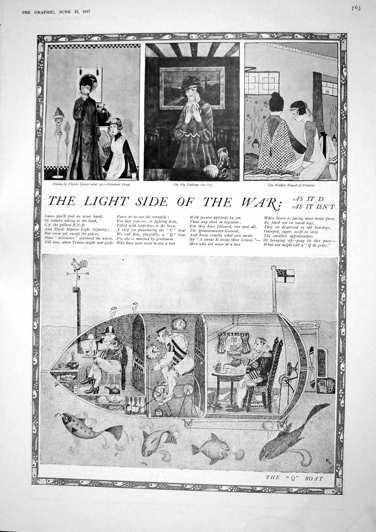 Original Old Vintage Print 1917 War Comedy Drawing Q Boat Scottish Sier Pipes