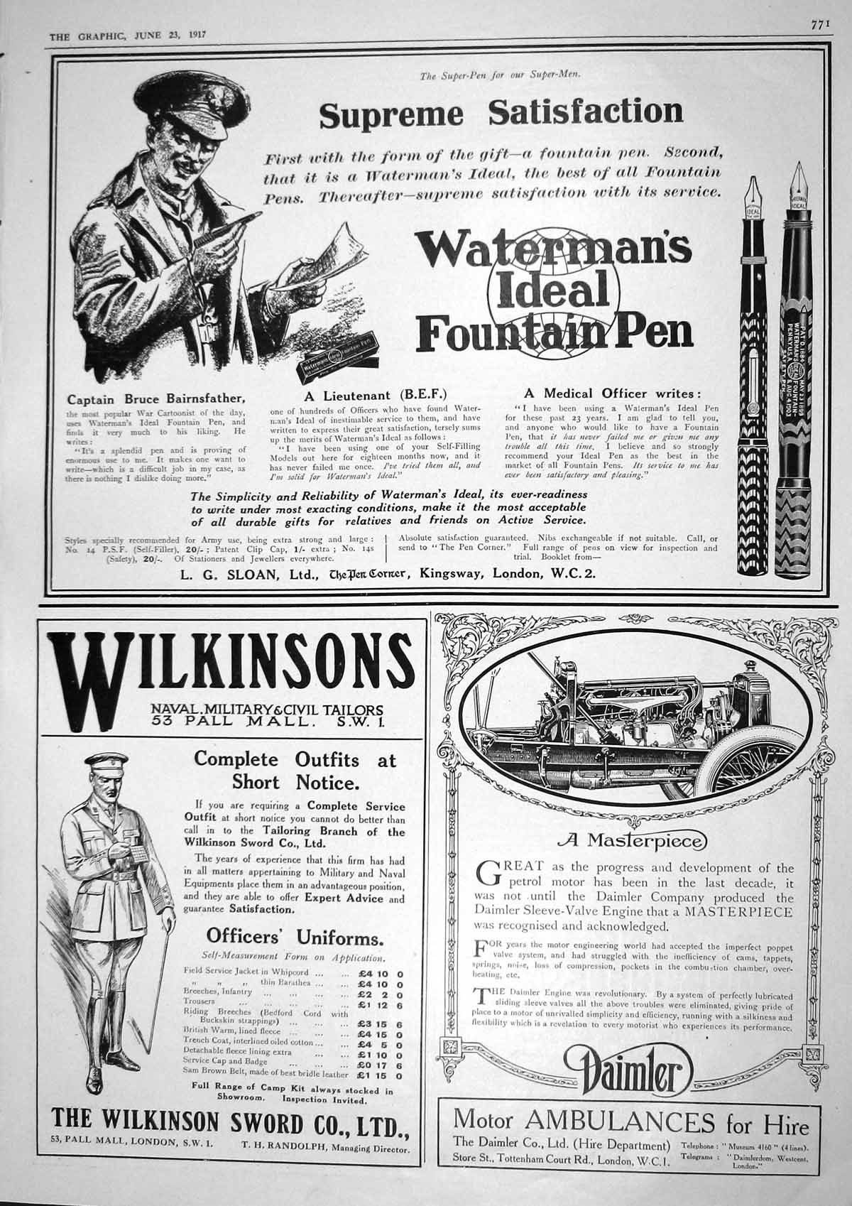 Old Vintage Print 1917 Waterman'S Fountain Pen Sloan Wilkinsons Daimler 20th