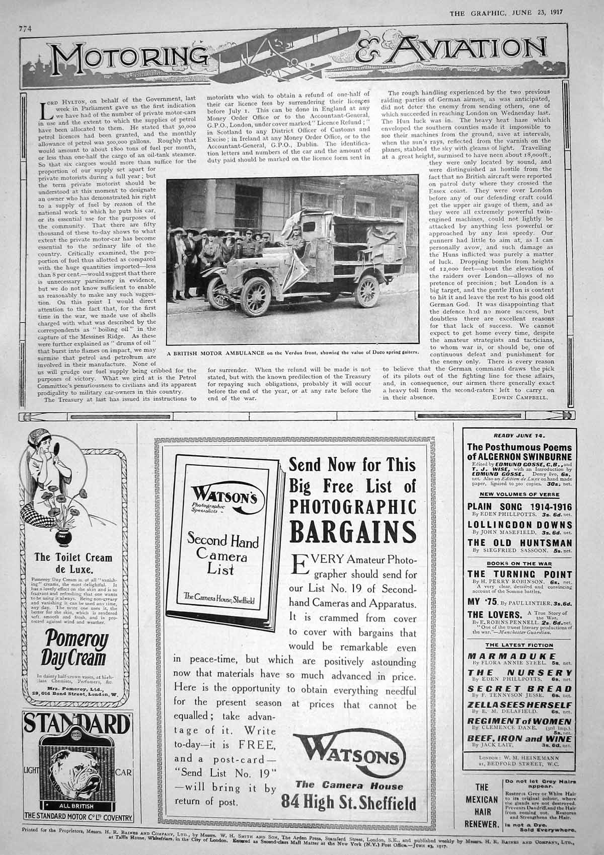 Original Old Vintage Print 1917 British Motor Ambulance Verdun Watsons Pomeroy