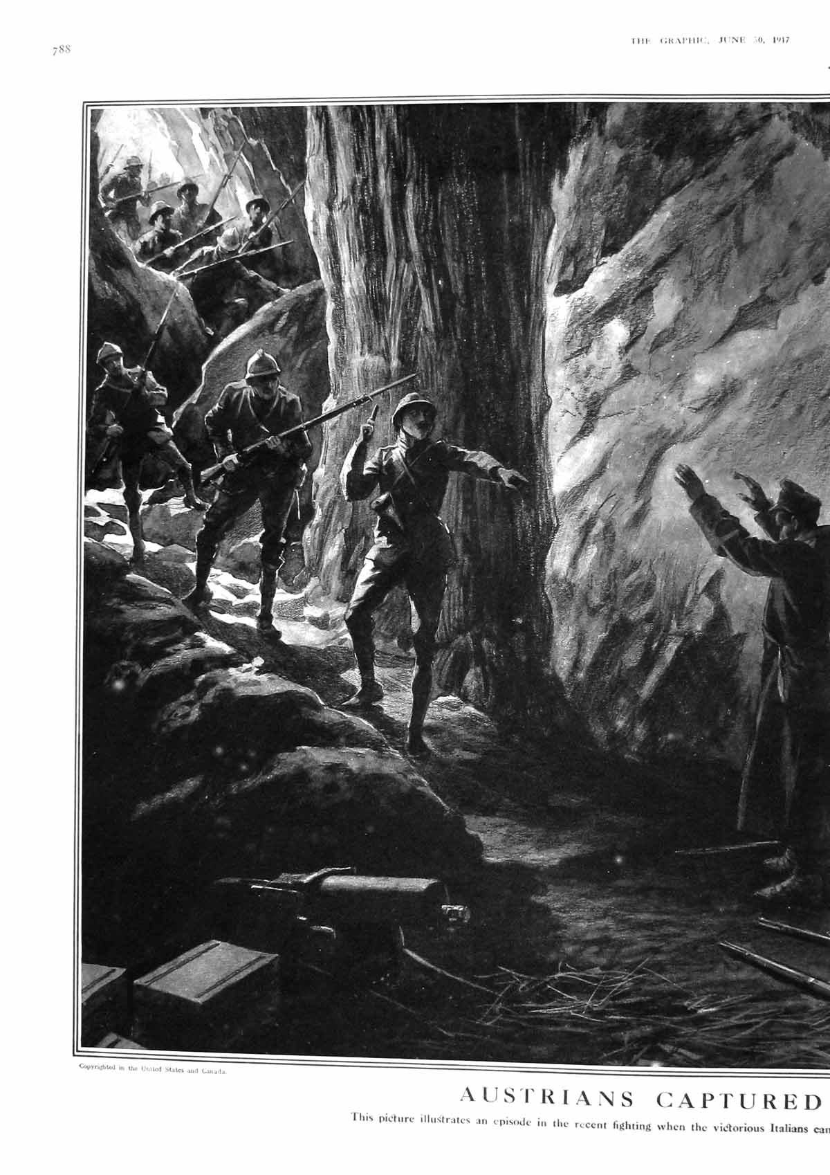 Old Print 1917 War Austrian Siers Captured Italians Caves German Gas Arr 20th