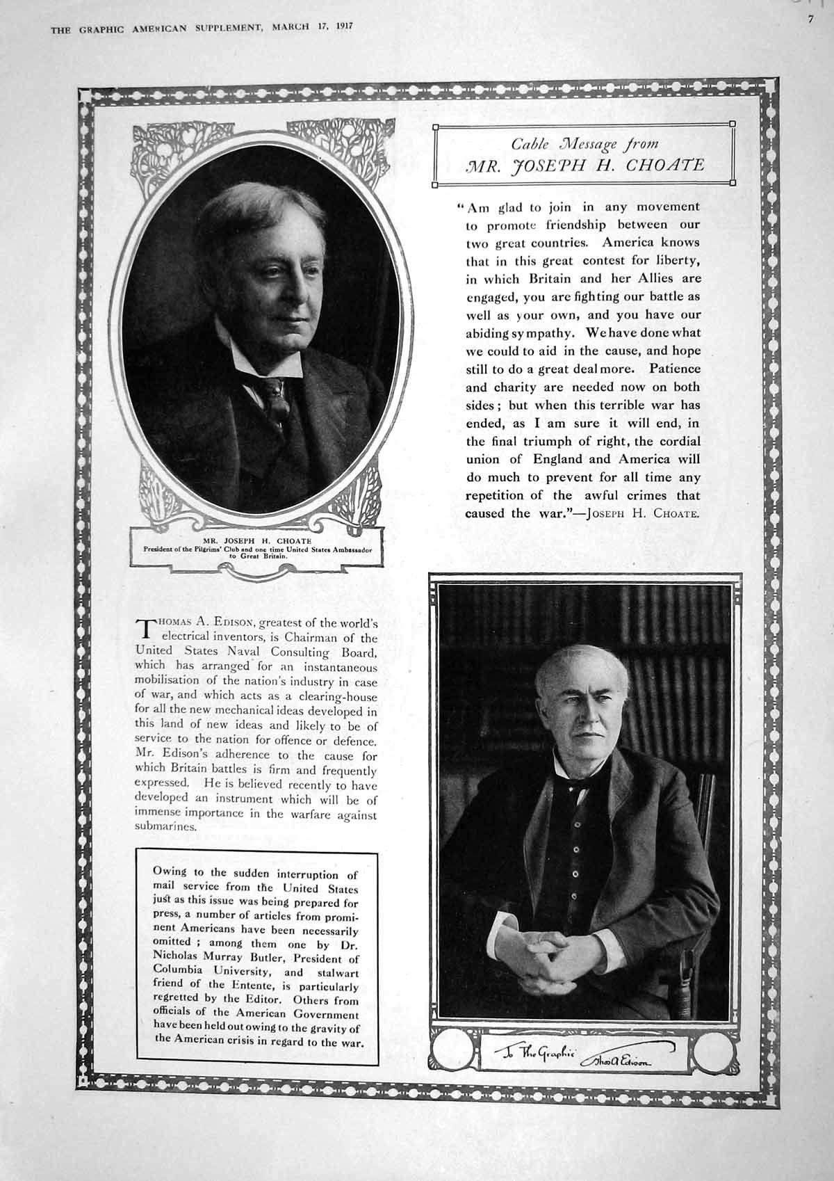 Original Old Vintage Print 1917 Portrait Joseph Choate Thomas Edison America