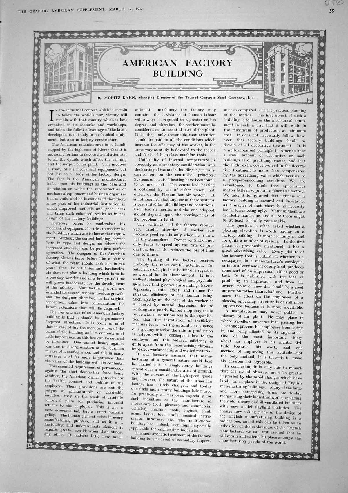 Old Vintage Print 1917 Story American Factory Building Moritz Khan Steel 20th