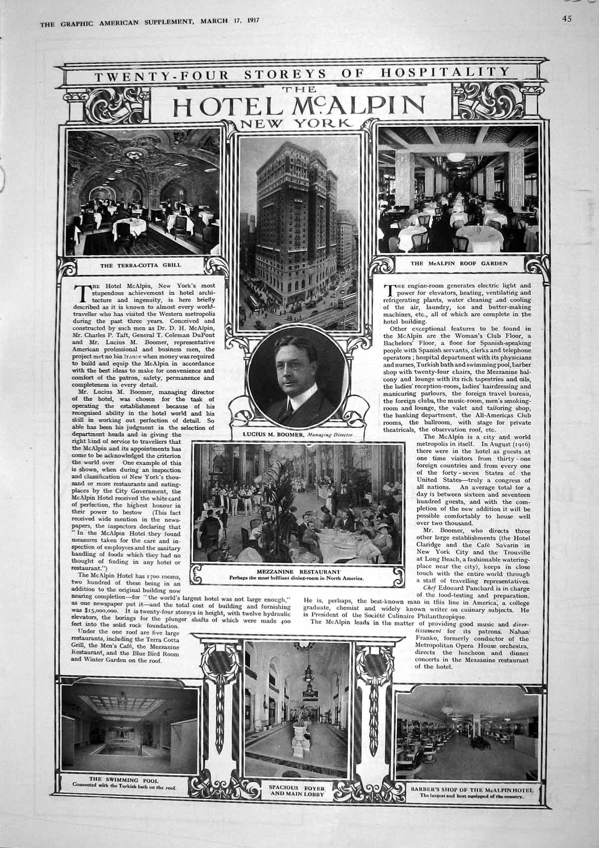 Original Old Vintage Print 1917 Hotel Mcalpin New York America Lucius 20th