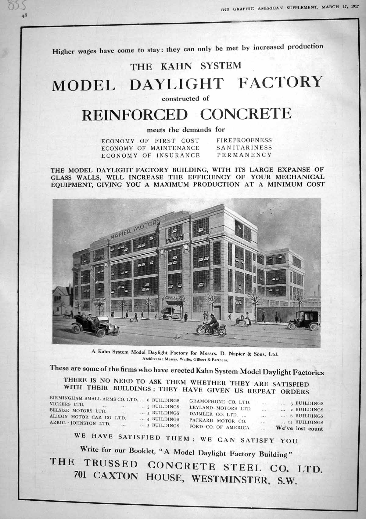 Original Old Vintage Print 1917 Napier Motor Cars Khan Factory Concret 20th