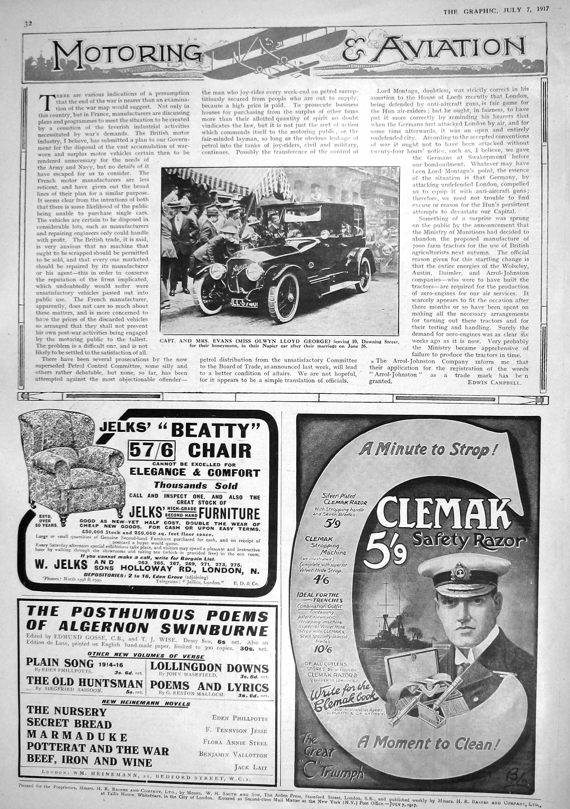 Old 1917 Captain Evans Olwyn Lloyd George Napier Motor Car Clemak Raz 20th