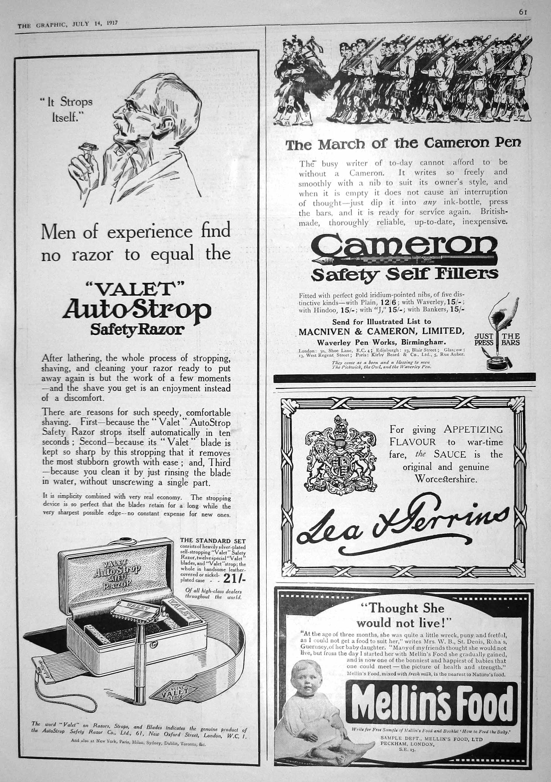 Antique Print 1917 Valet Auto-Strop Safety Razor Cameron Pen Mellin'S Food 20th