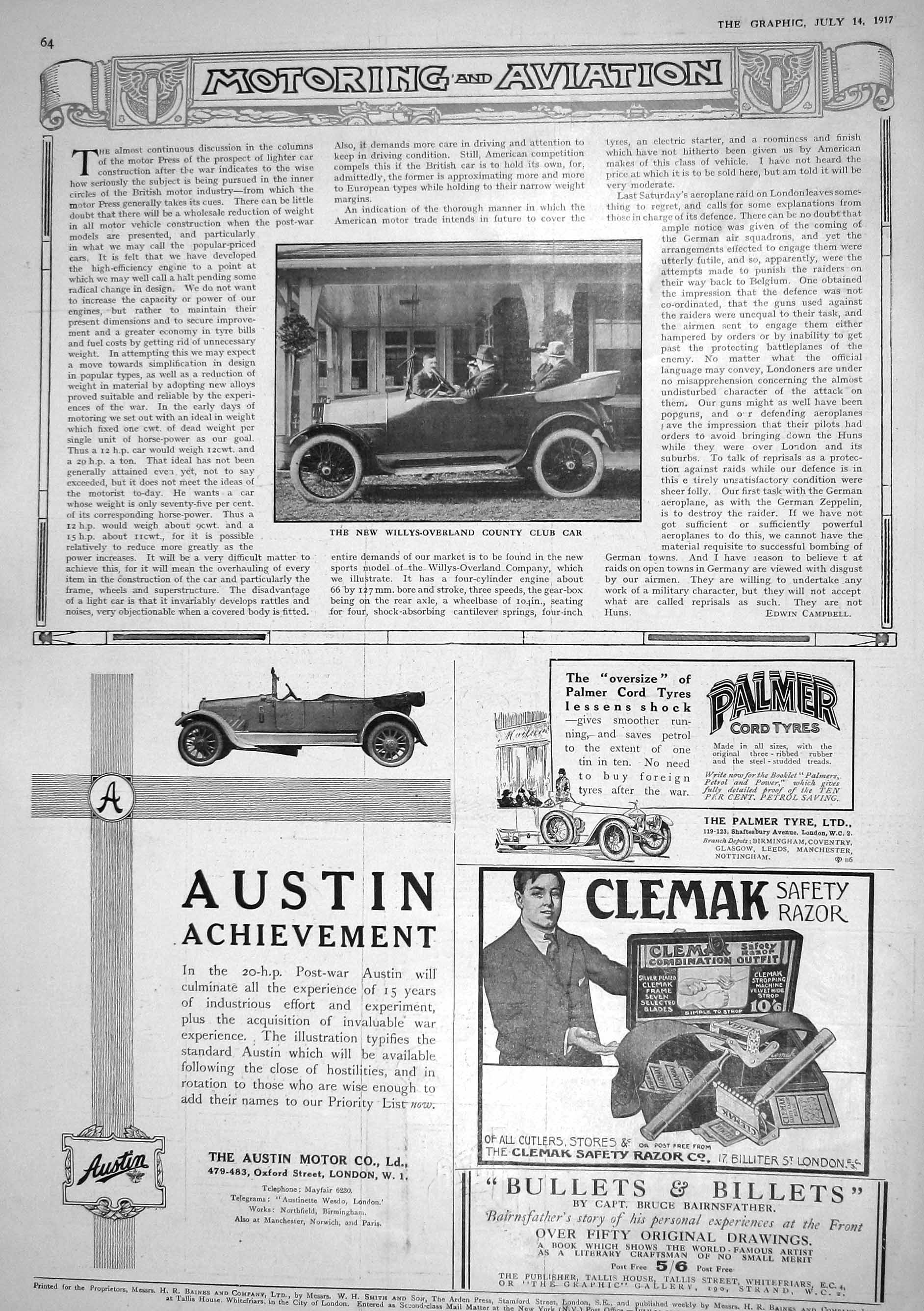 Old Print 1917 Willys-Overland County Club Car Austin Clemak Safety Razor 20th