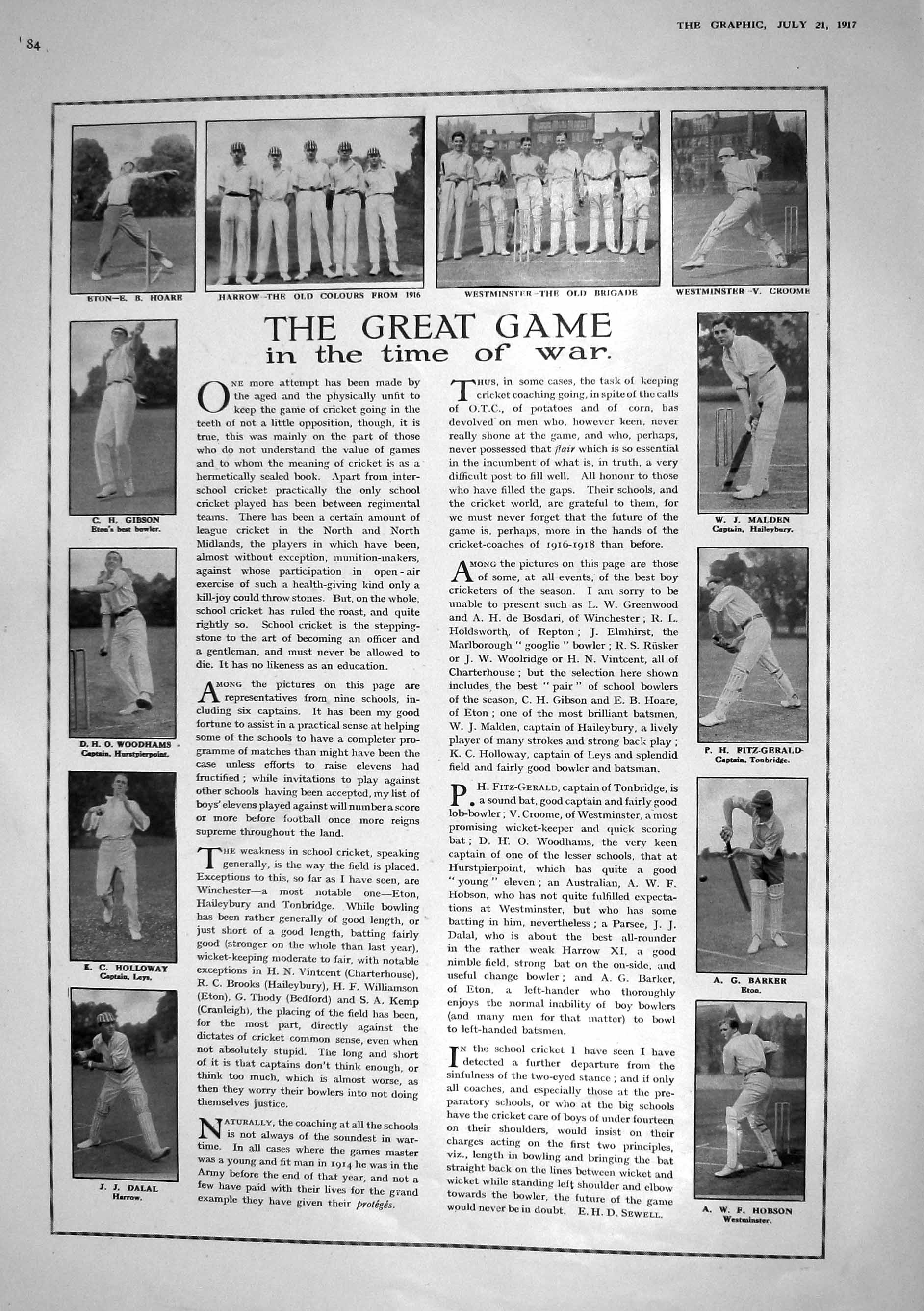 Old 1917 Cricket Hobson Barker Fitz-Gerald Malden Woodhams Holloway D 20th