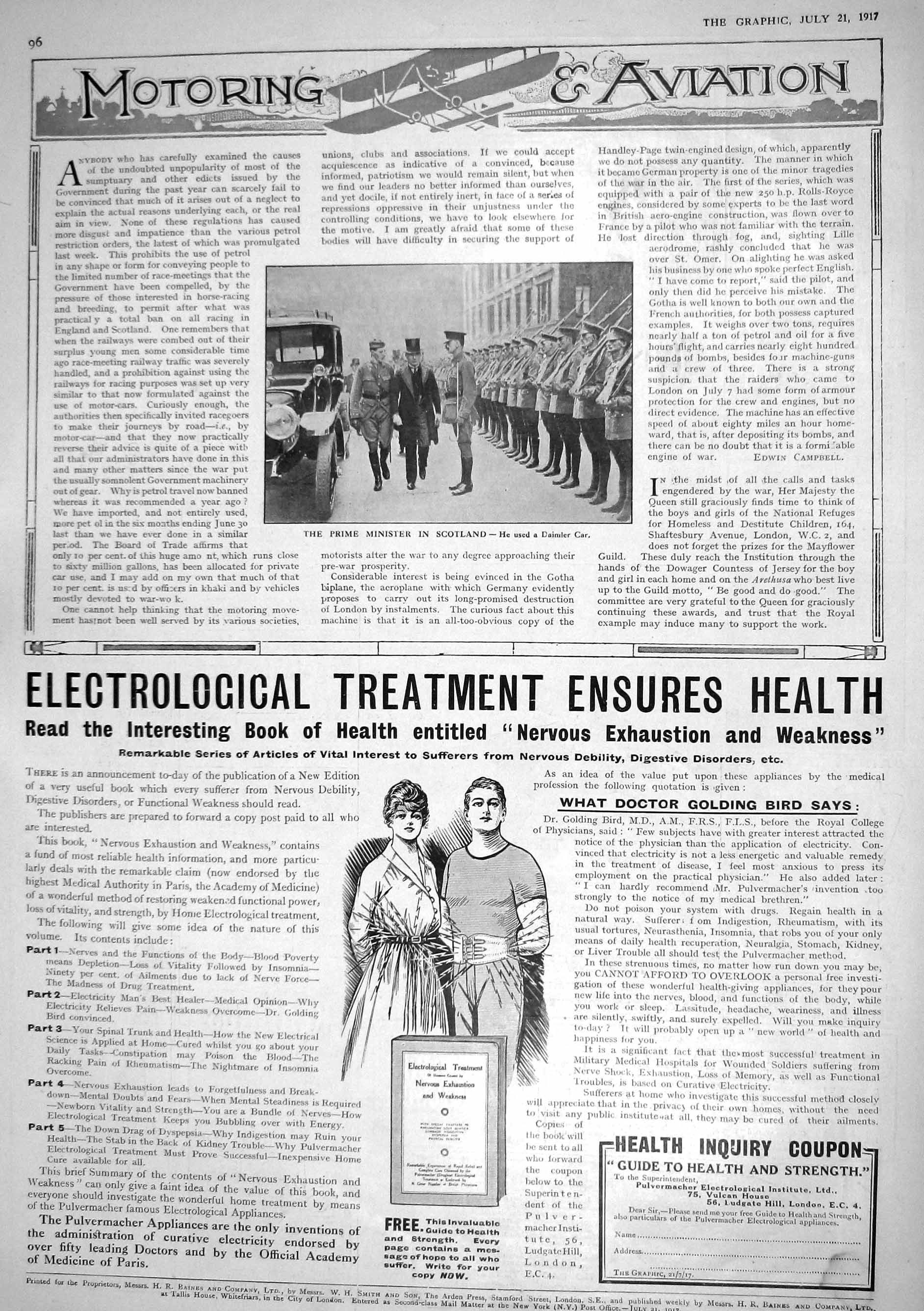 Antique Print 1917 Prime Minister Scotland Daimler Motor Car Electrological