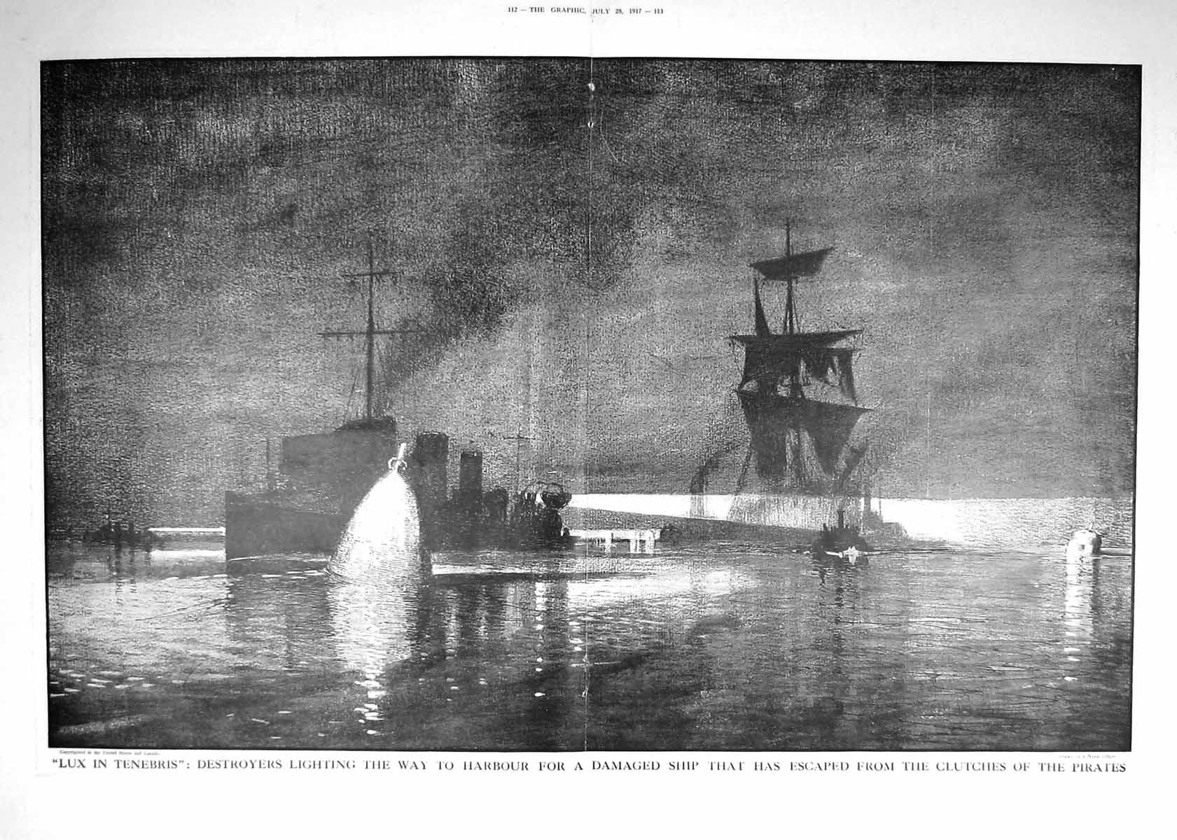 Old 1917 Lux Tenebris War Ships Destroyers Harbour Navy Officer Drawi 20th