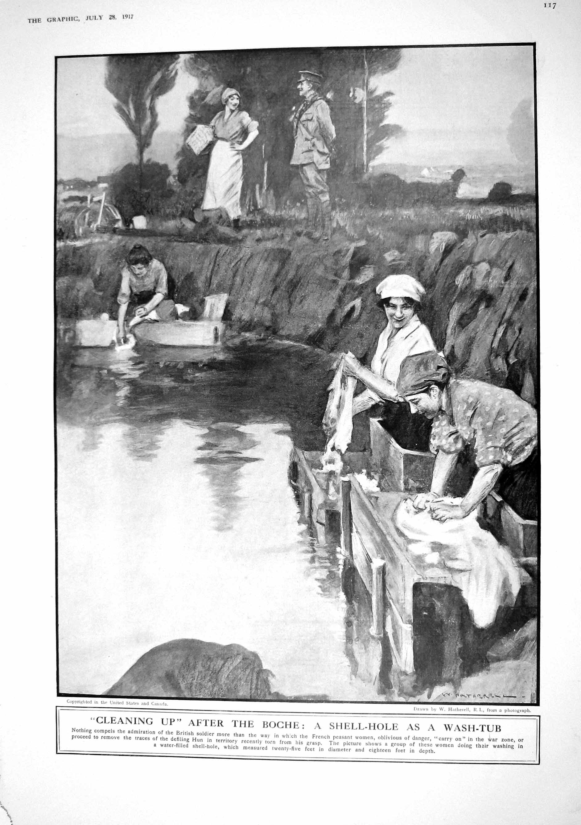 Old 1917 Shell Hole Wash Tub Ladies Washing Clothes Boche Peasant Wom 20th