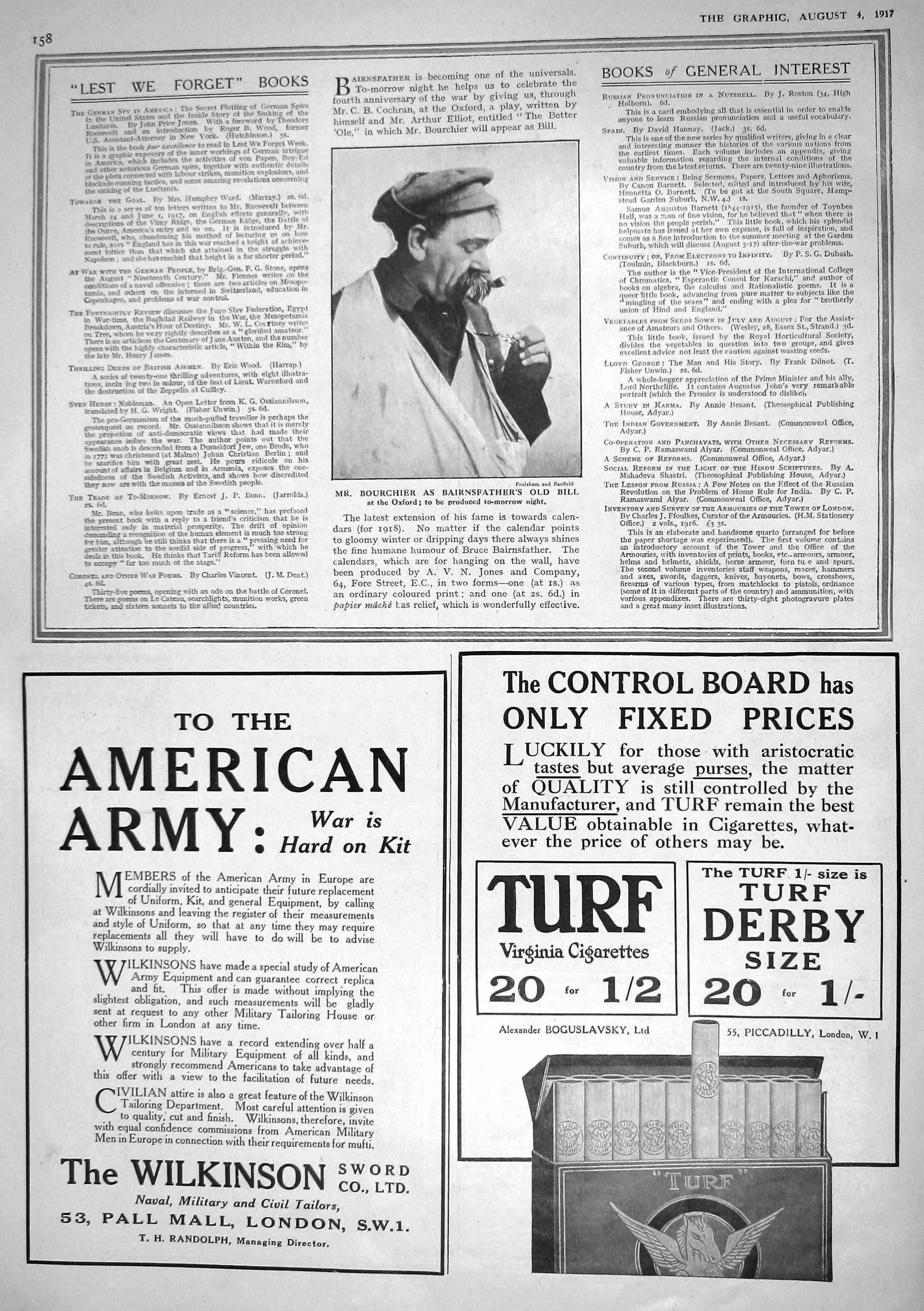 Antique Print 1917 Bourchier Bairnsfather'S Bill Theatre Wilkinson Turf Cig