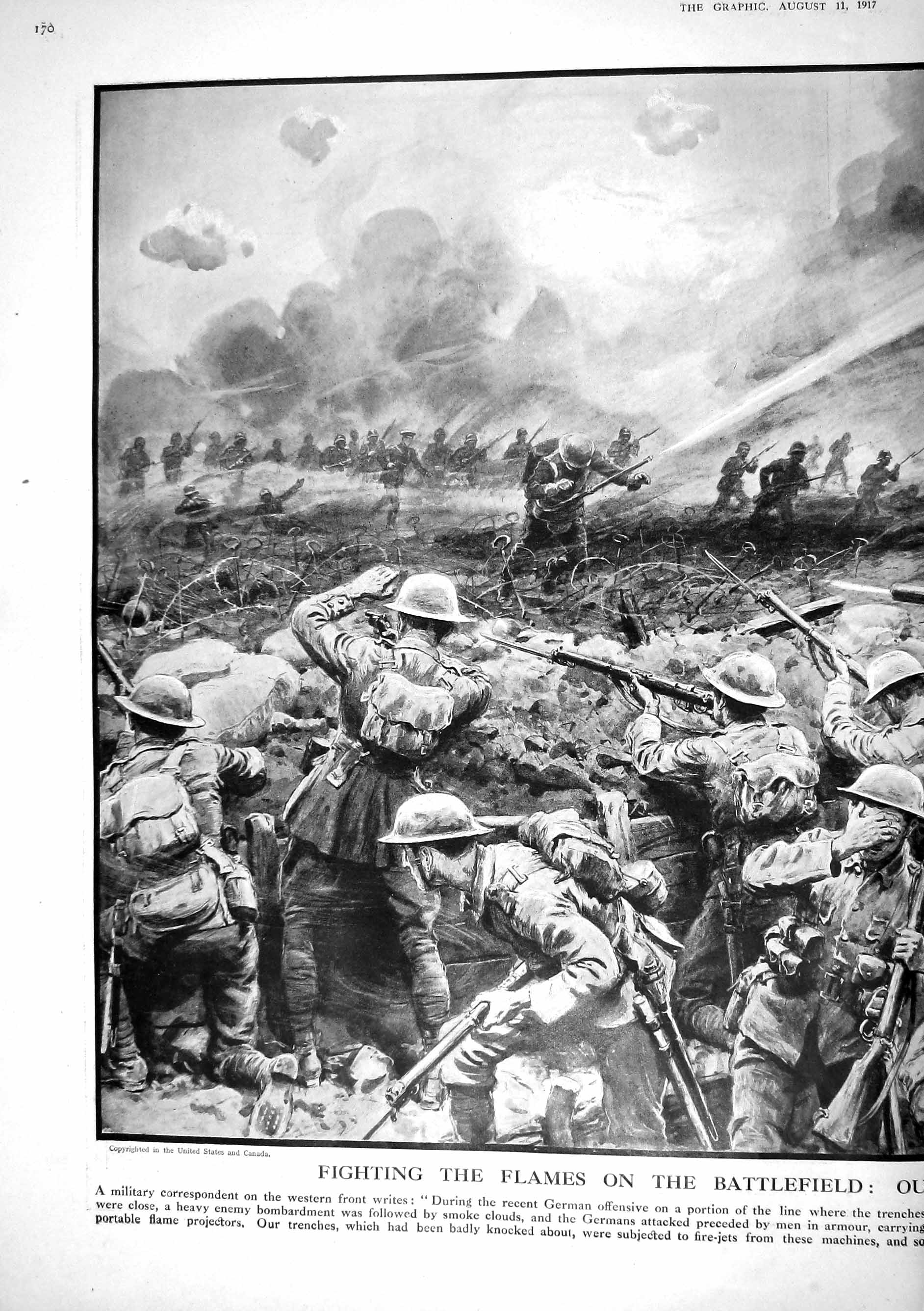 Old Print 1917 War Siers Liquid Fire Attack Battle Field German Military 20th