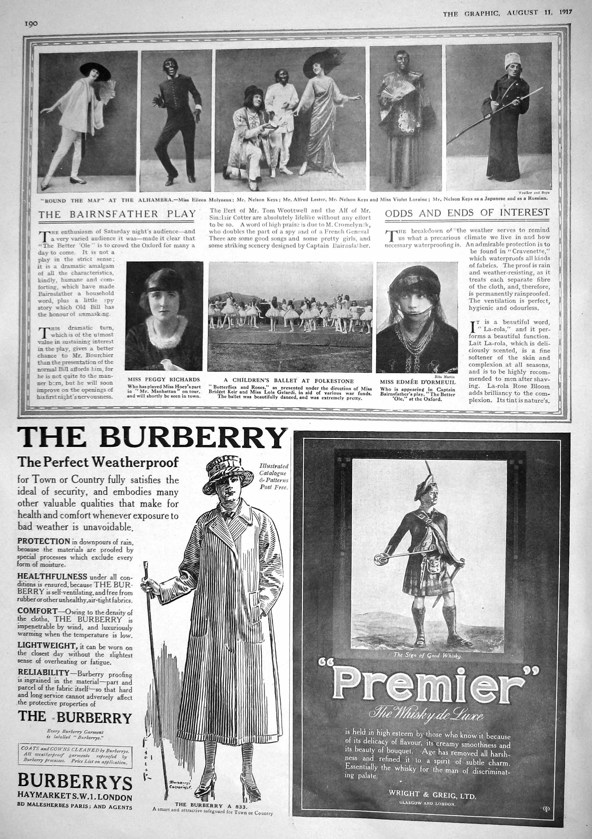 Old Print 1917 Alhambra Theatre Keys Lester Whisky Burberry Bynogen Allen 20th