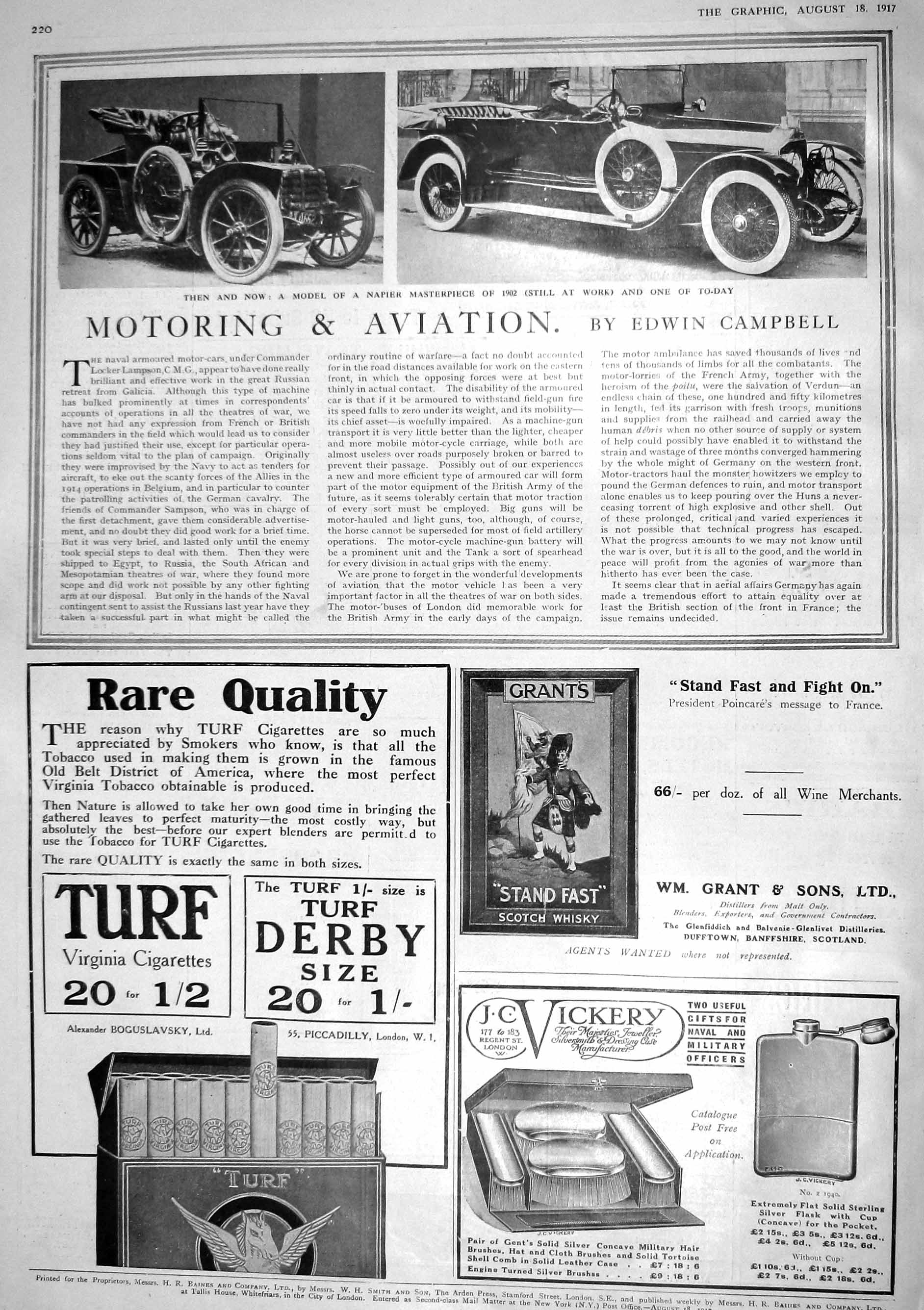 Old 1917 Napier Motor Car Virginia Cigarettes Grant'S Whisky Vickery 20th