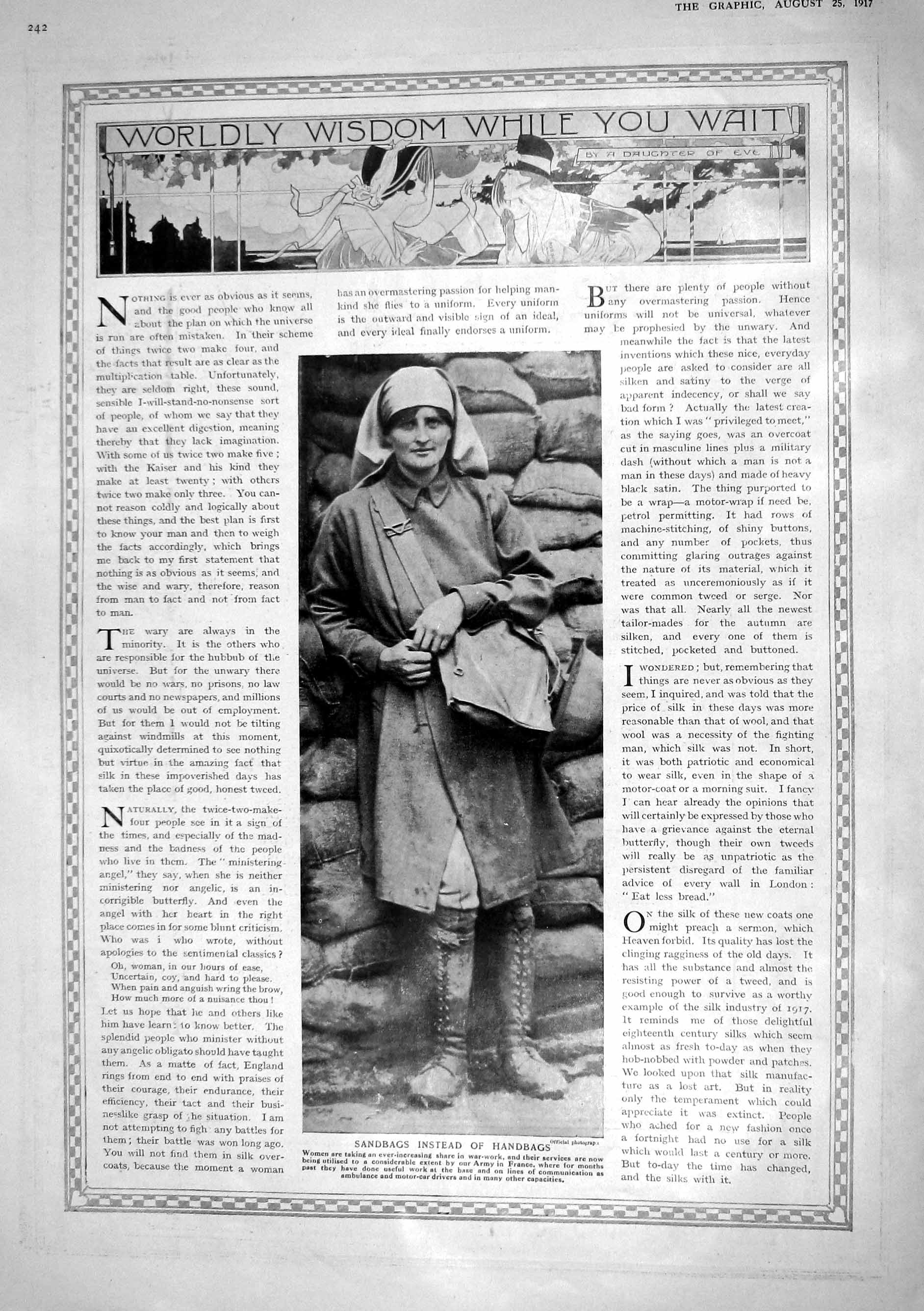 Original Old Vintage Print 1917 Lady War Worker Sandbags Photograph 20th