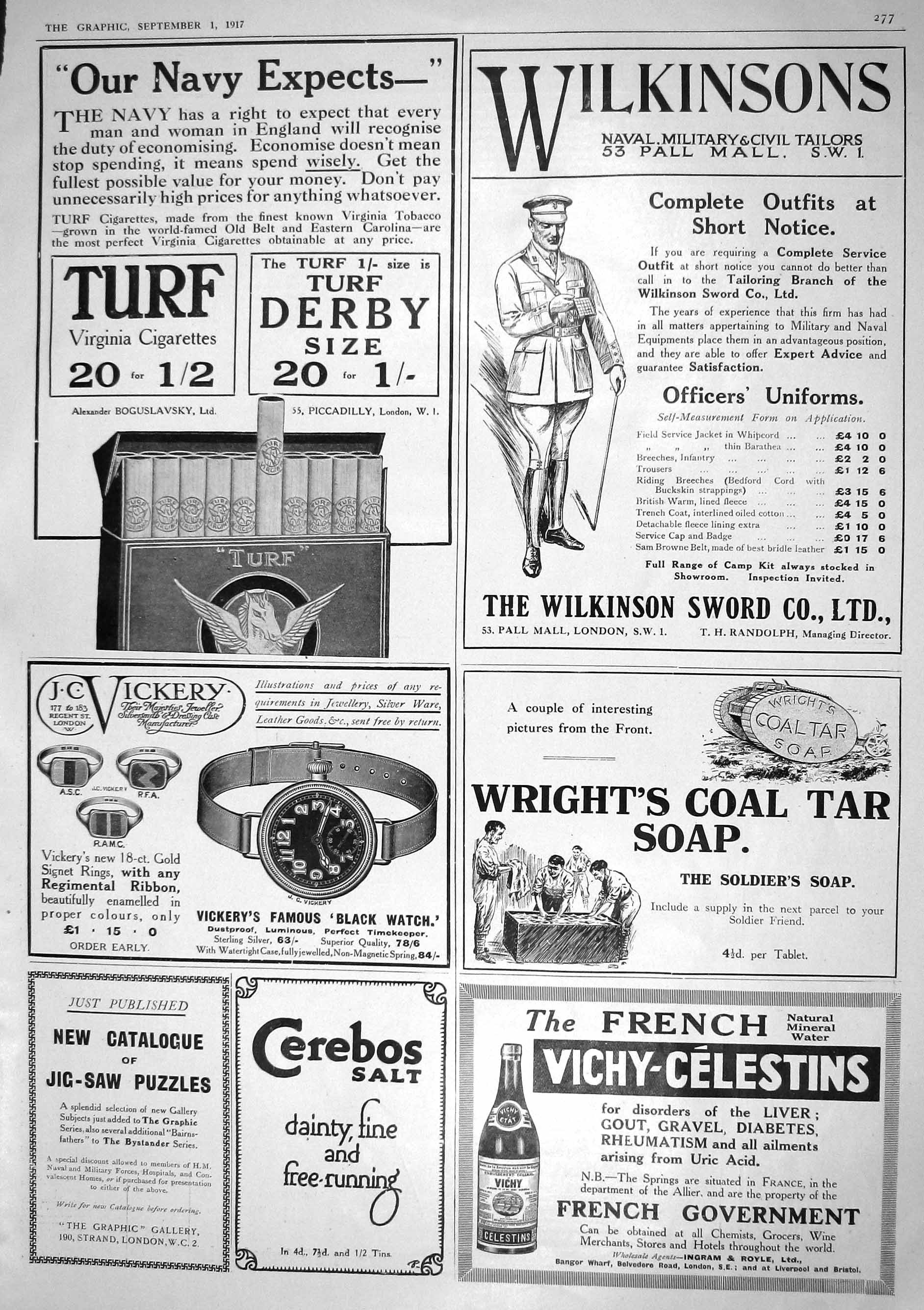 Antique Print 1917 Wilkinsons Cigarettes Wright'S Soap Mineral Water Spinet