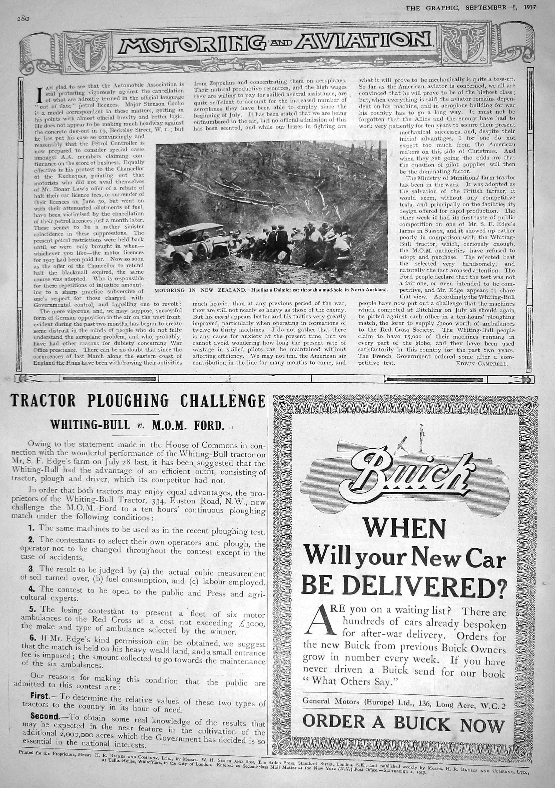 Old 1917 Motoring New Zealand Daimler Motor Car Mud-Hole Buick Ford T 20th