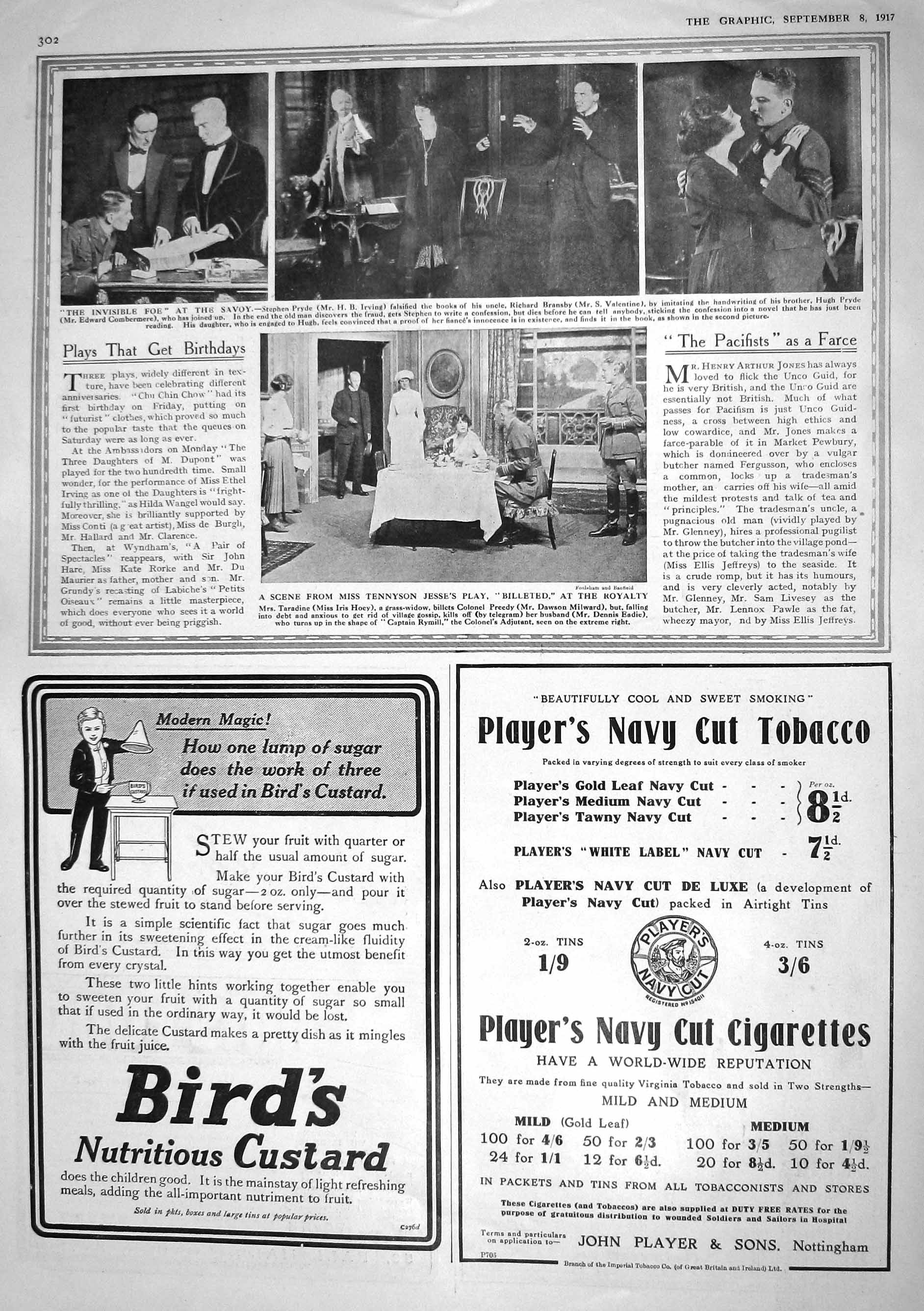 Old Print 1917 Savoy Theatre Hoey Milward Valentine Irving Tobacco Whisky 20th