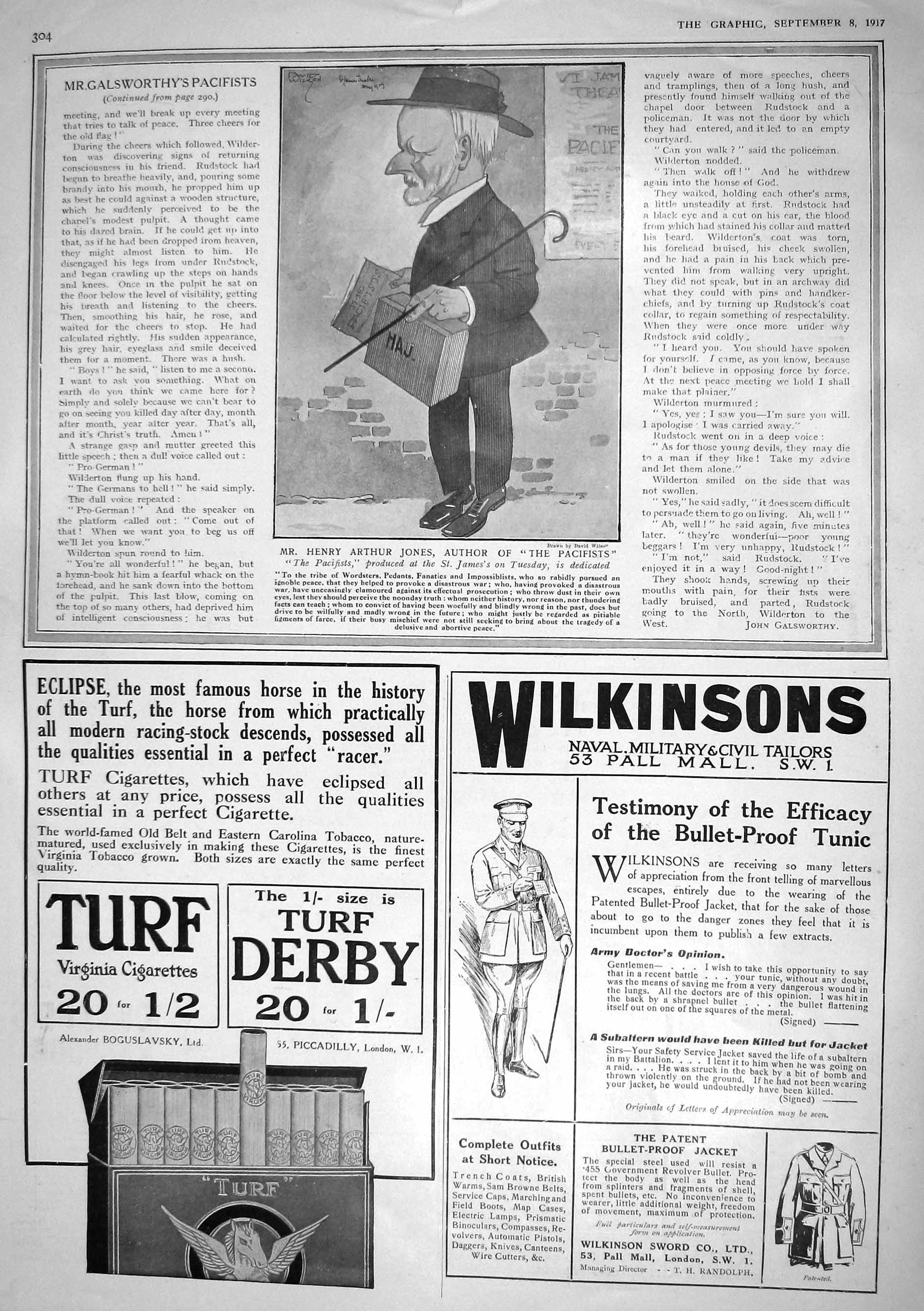 Antique Old Print 1917 Henry Arthur Jones Author Wilkinsons Bullet Protunic