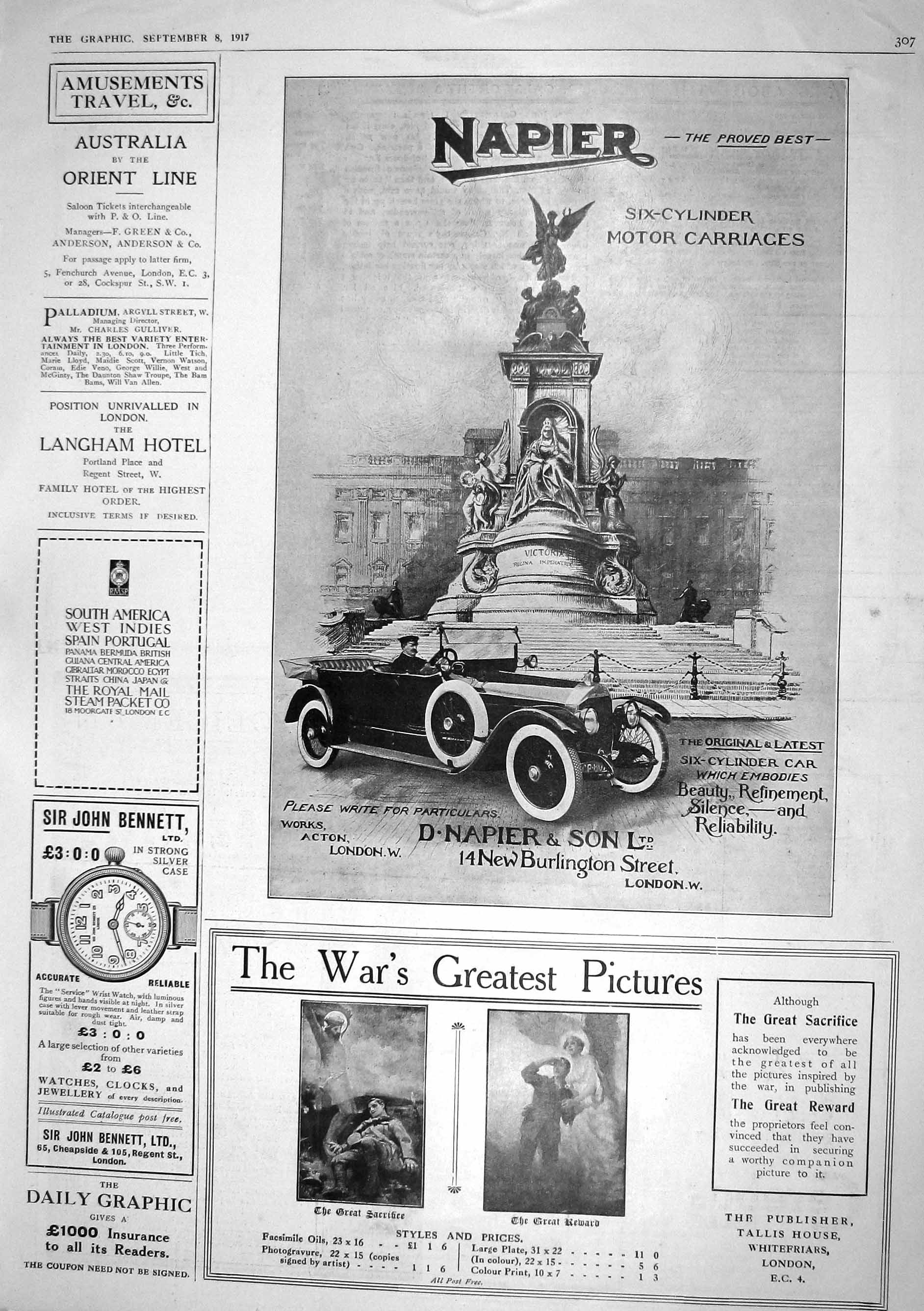 Antique Old Print 1917 Napier Motor Car War Pictures Bennett Watches Langham