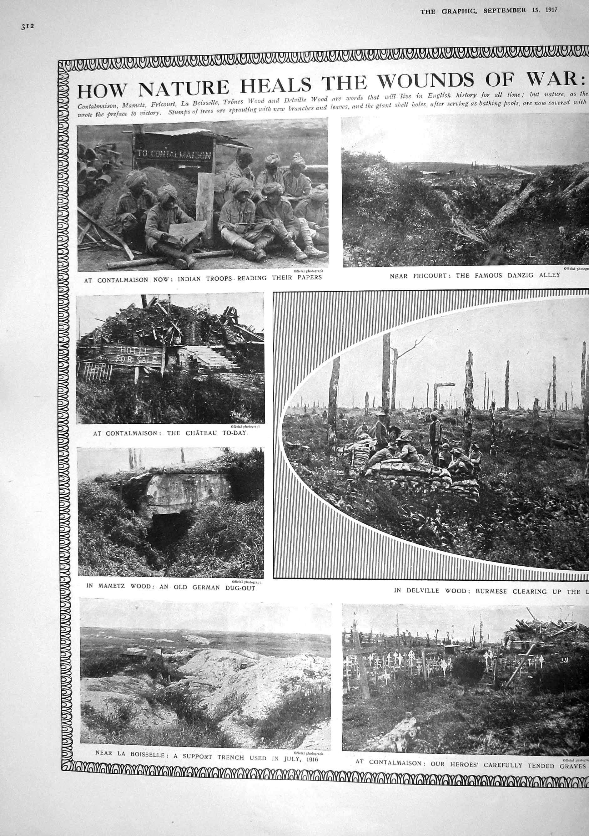 Old Print 1917 War Contalmaison Indian Siers Boisselle Delville Wood Lon 20th