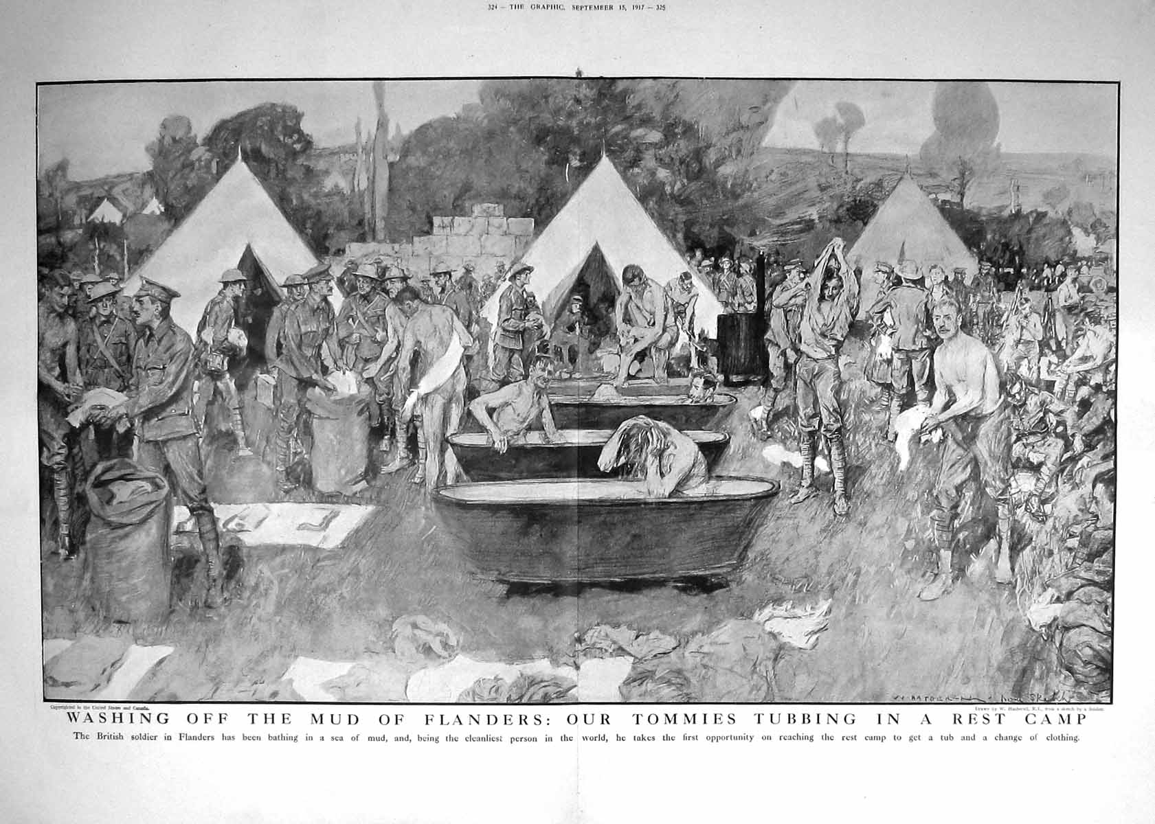 Antique Print 1917 War Siers Washing Mud Flanders Tommies Rest Camp France